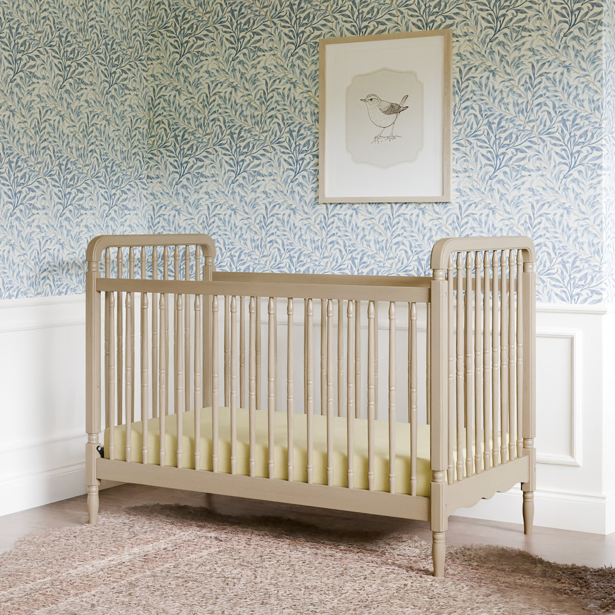 Namesake Liberty 3-in-1 Convertible Spindle Crib with Toddler Bed Conversion Kit - Washed Pine.