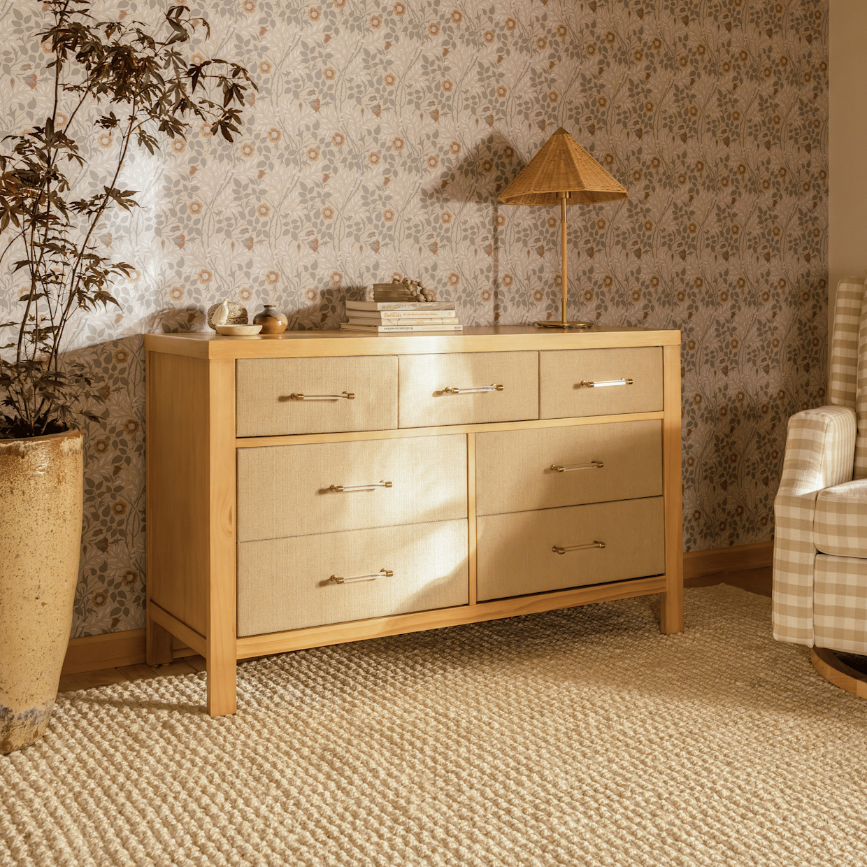 Namesake Eloise 7-Drawer Assembled Dresser - Honey And Performance Sand Eco-Weave.