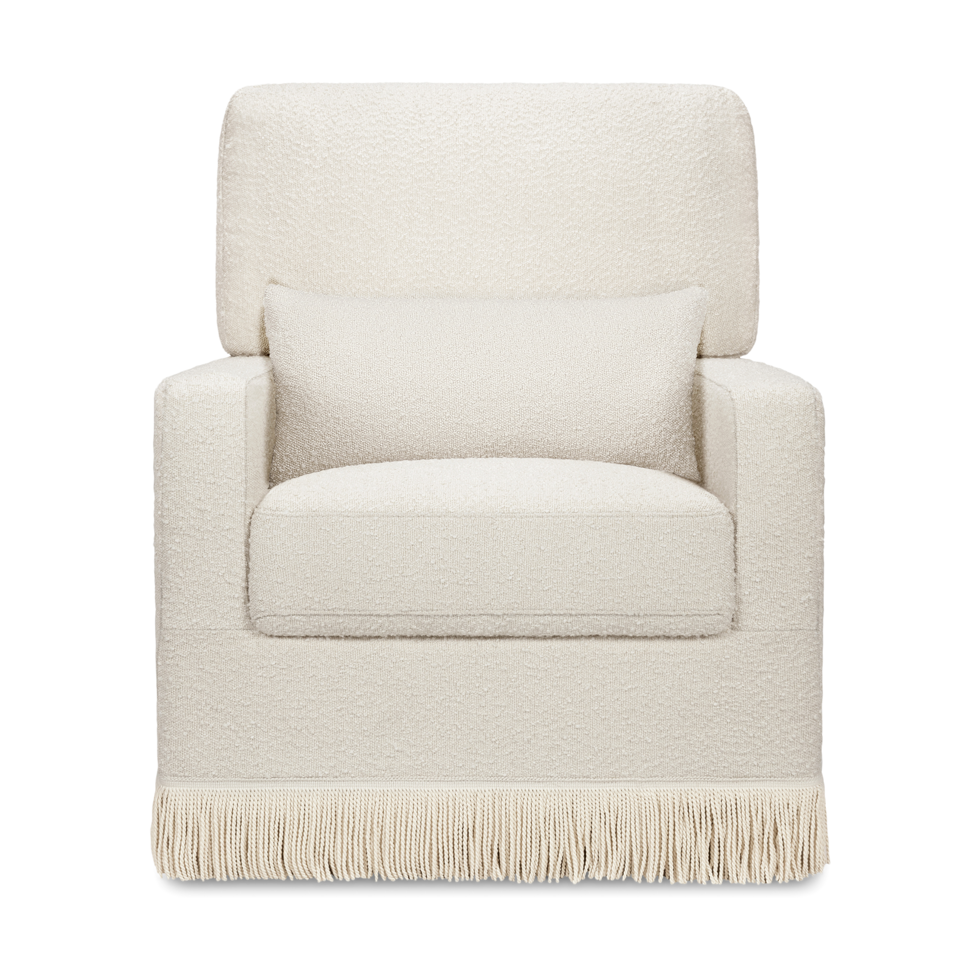 Namesake Crawford Pillowback Comfort Swivel Glider - Ivory Boucle With Ivory Tassel Fringe.