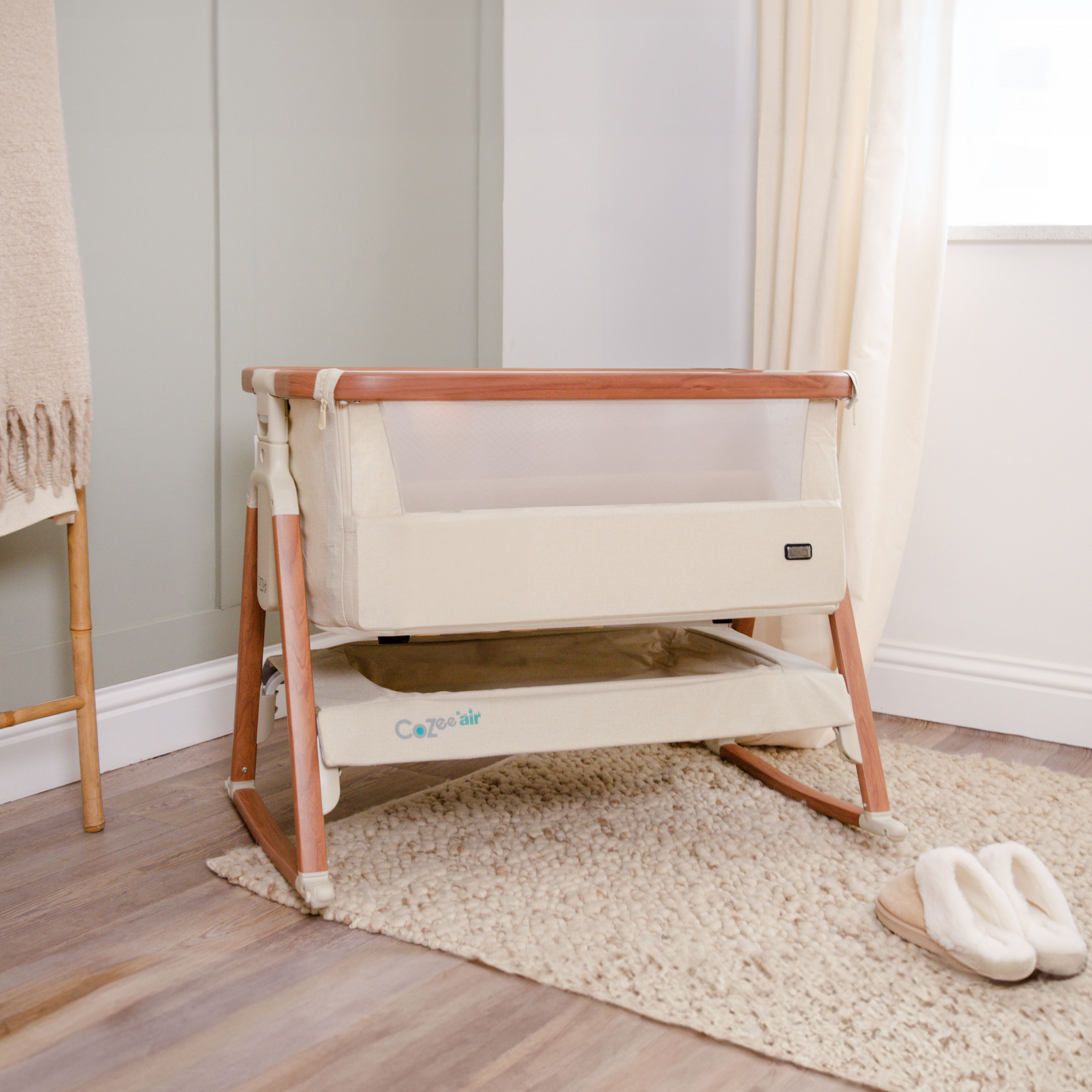 Tutti Bambini CoZee Air Bedside Crib - Scandinavian Walnut/Ecru.