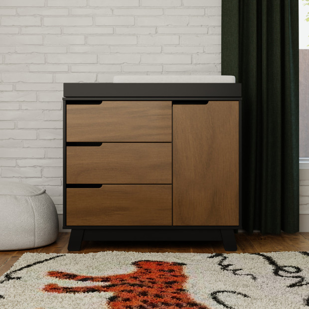 babyletto Hudson 3-Drawer Changer Dresser - Black/Natural Walnut.