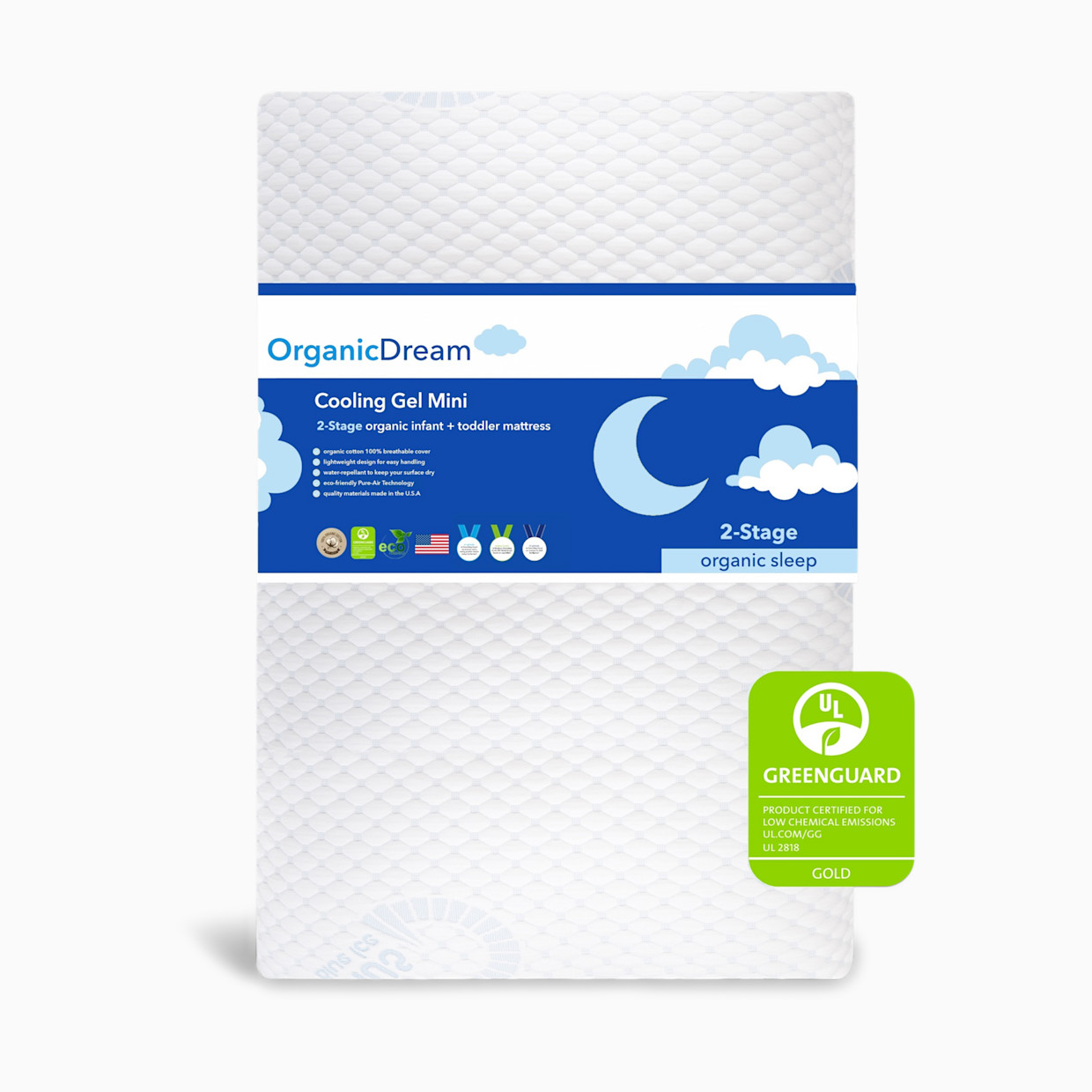 Organic Dream Cooling Gel Premier 2-Stage Mini Crib Mattress - White.