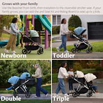 Family using a stroller configured for newborn/toddler seating options