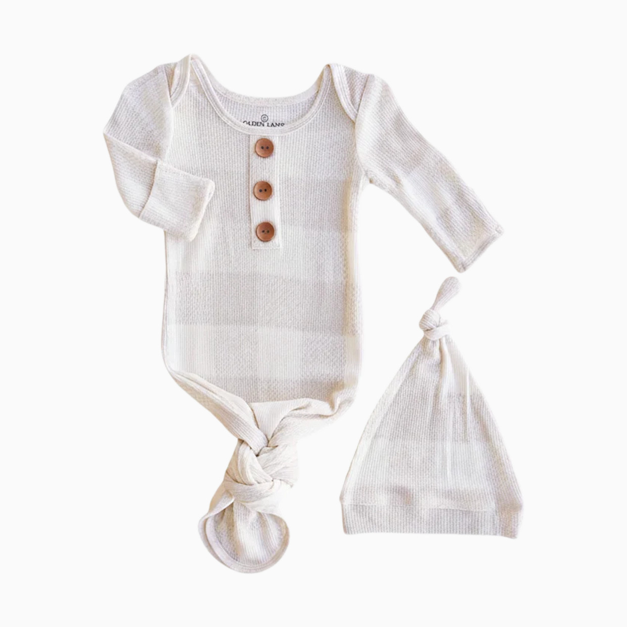 Caden Lane Bamboo Waffle Newborn Baby Knot Gown & Hat Set - Big Check Sand, Newborn.
