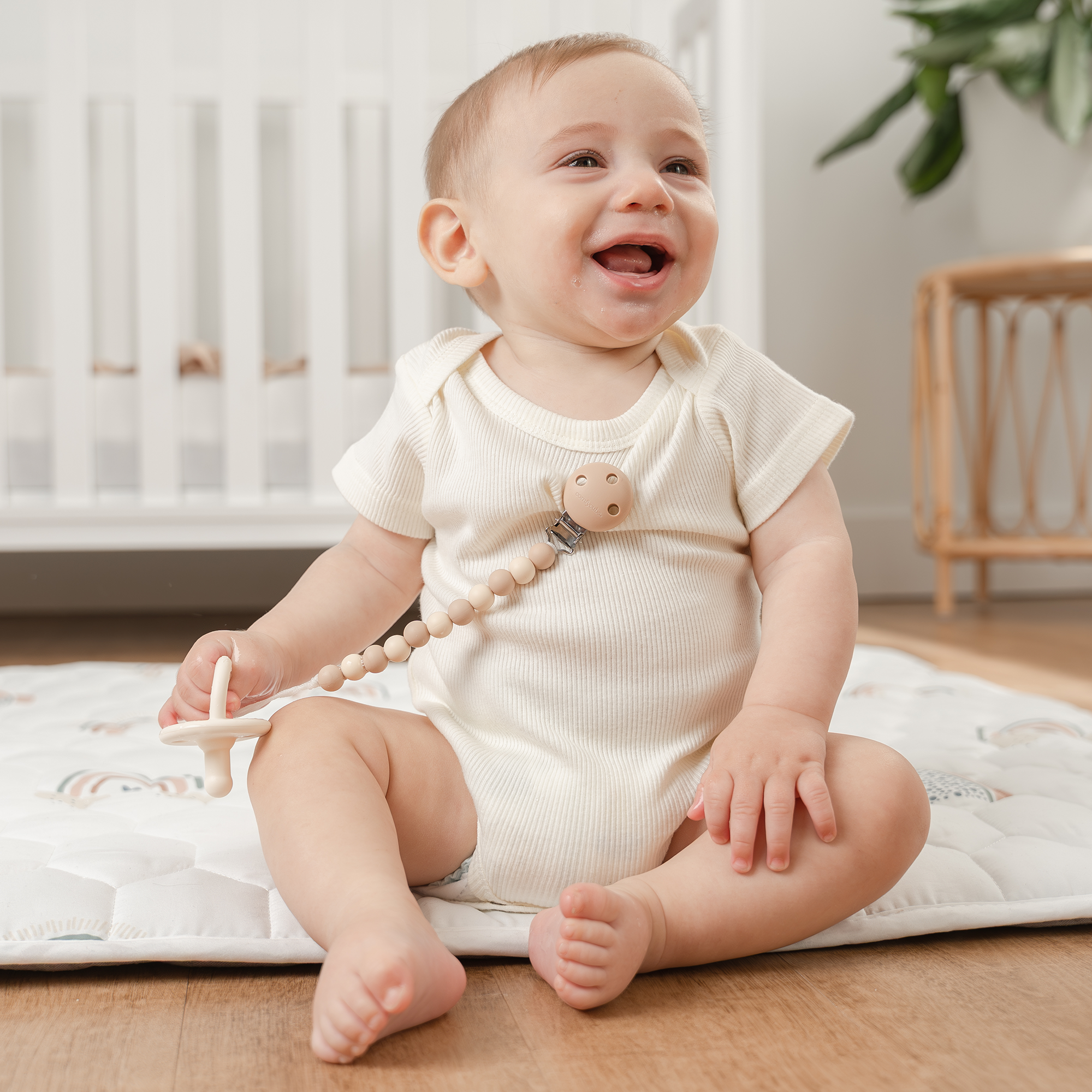 Comfy Cubs Pacifier Clips 100% Food Grade Silicone (2 Pack) - Beige, Light Beige, And White.