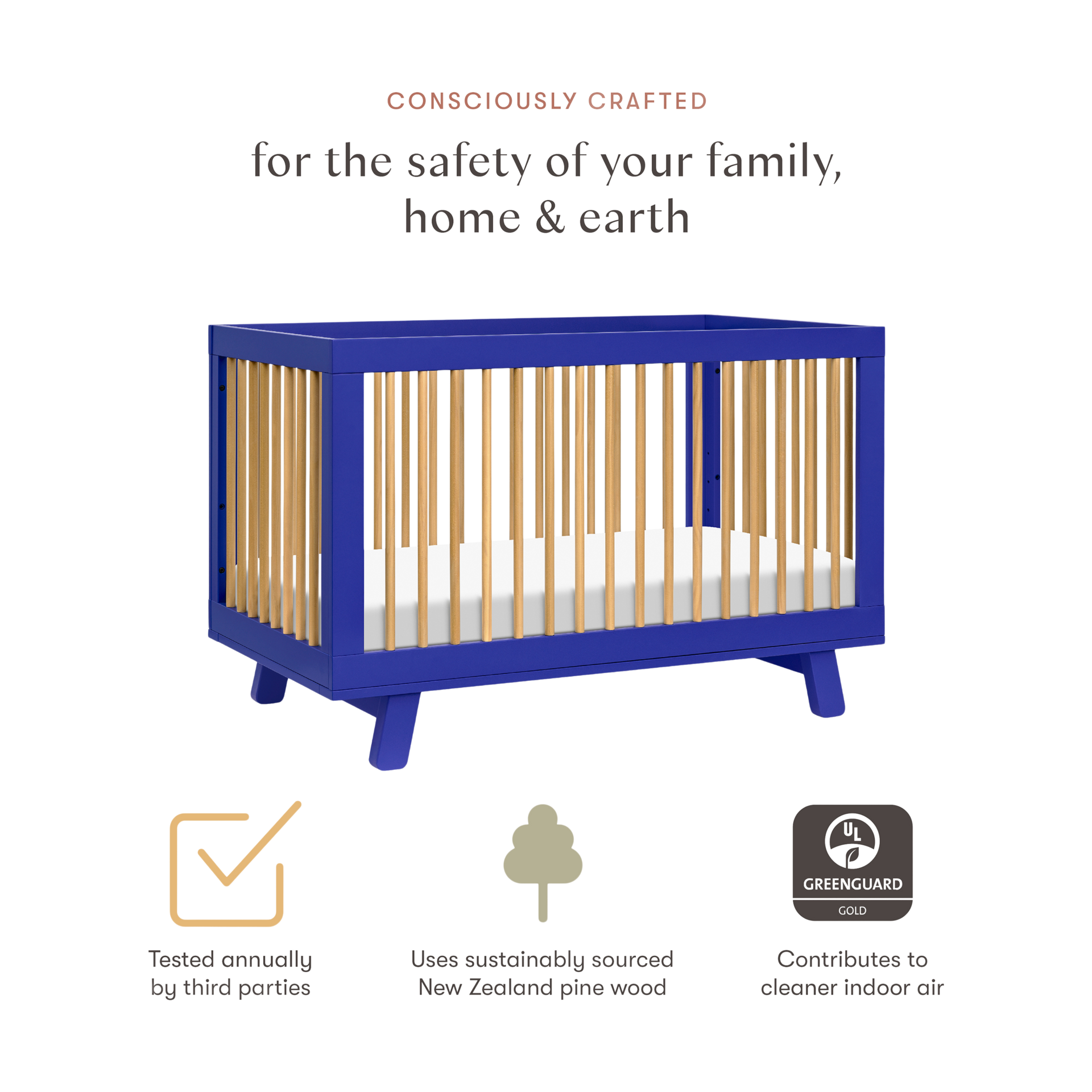 babyletto Hudson 3-in-1 Convertible Crib with Toddler Bed Conversion Kit - Cobalt And Honey.