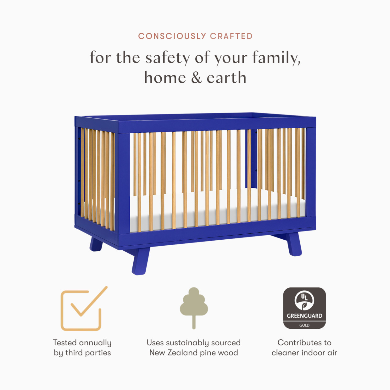babyletto Hudson 3-in-1 Convertible Crib with Toddler Bed Conversion Kit - Cobalt And Honey.
