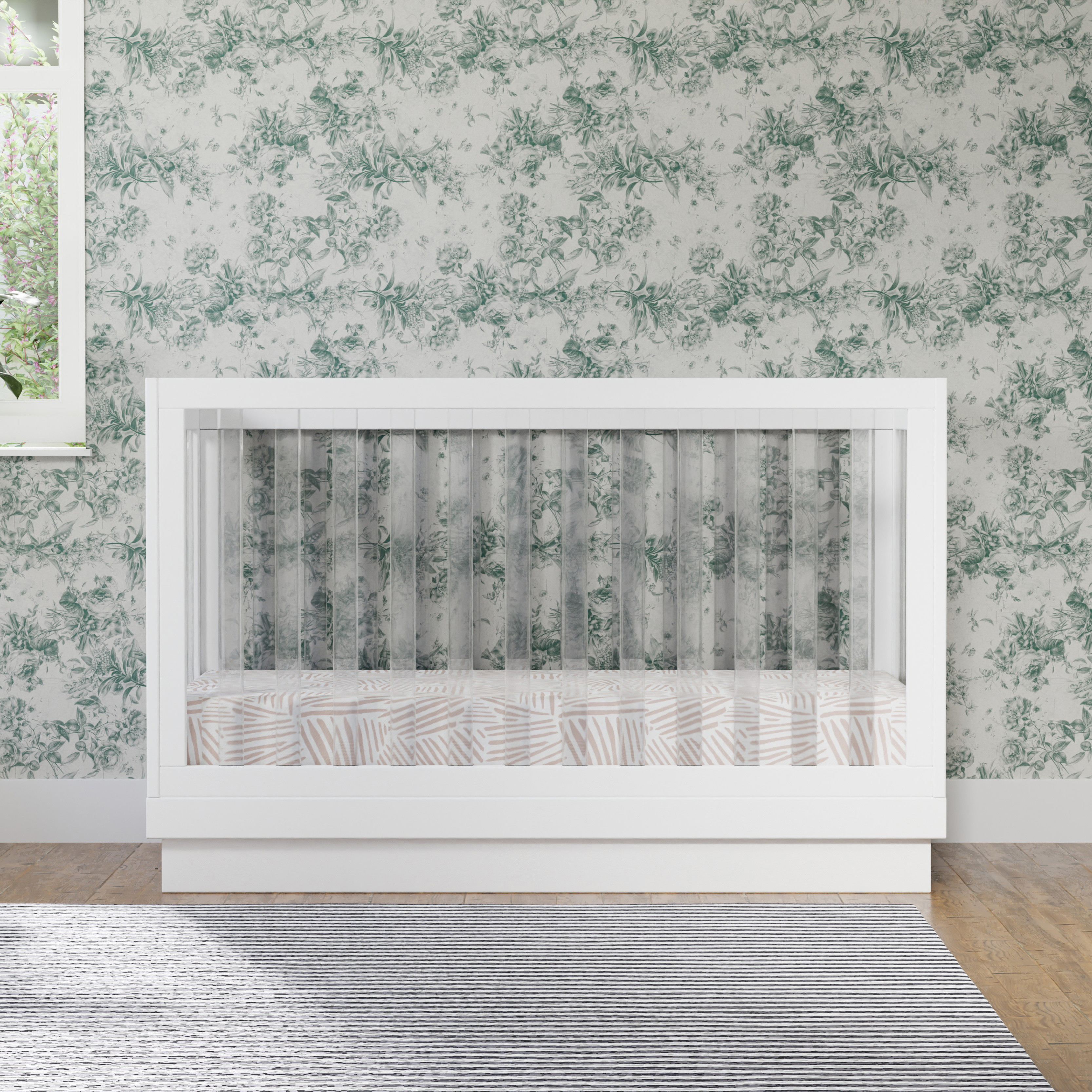 babyletto Harlow Acrylic 3-in-1 Convertible Crib with Toddler Bed Conversion Kit.