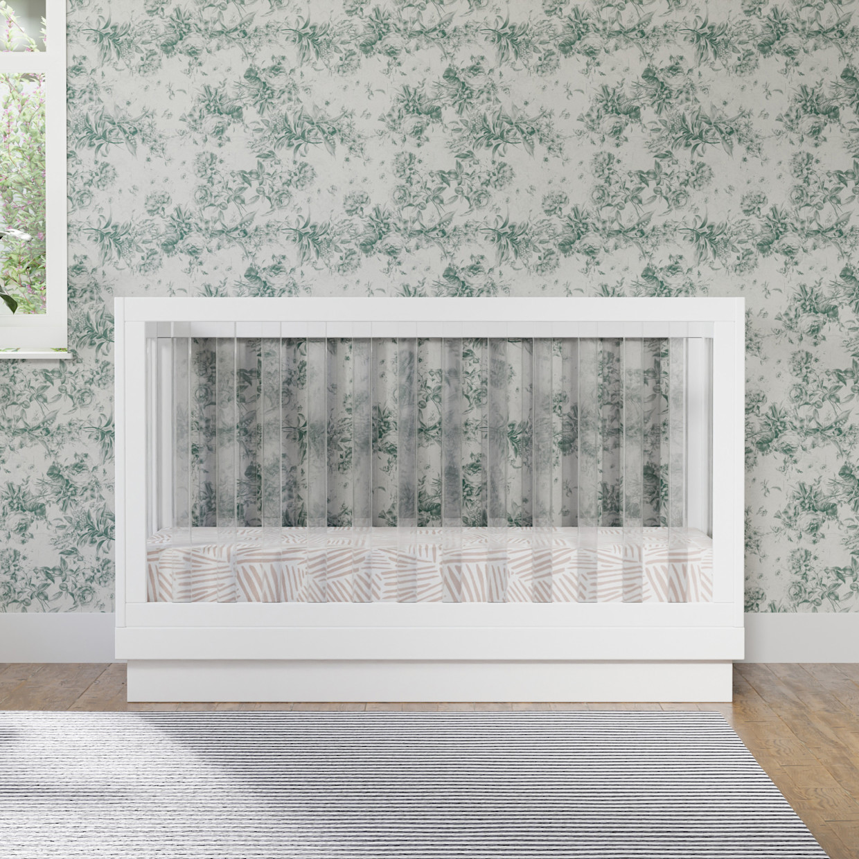 babyletto Harlow Acrylic 3-in-1 Convertible Crib with Toddler Bed Conversion Kit - White With White Base And Acrylic Slats.