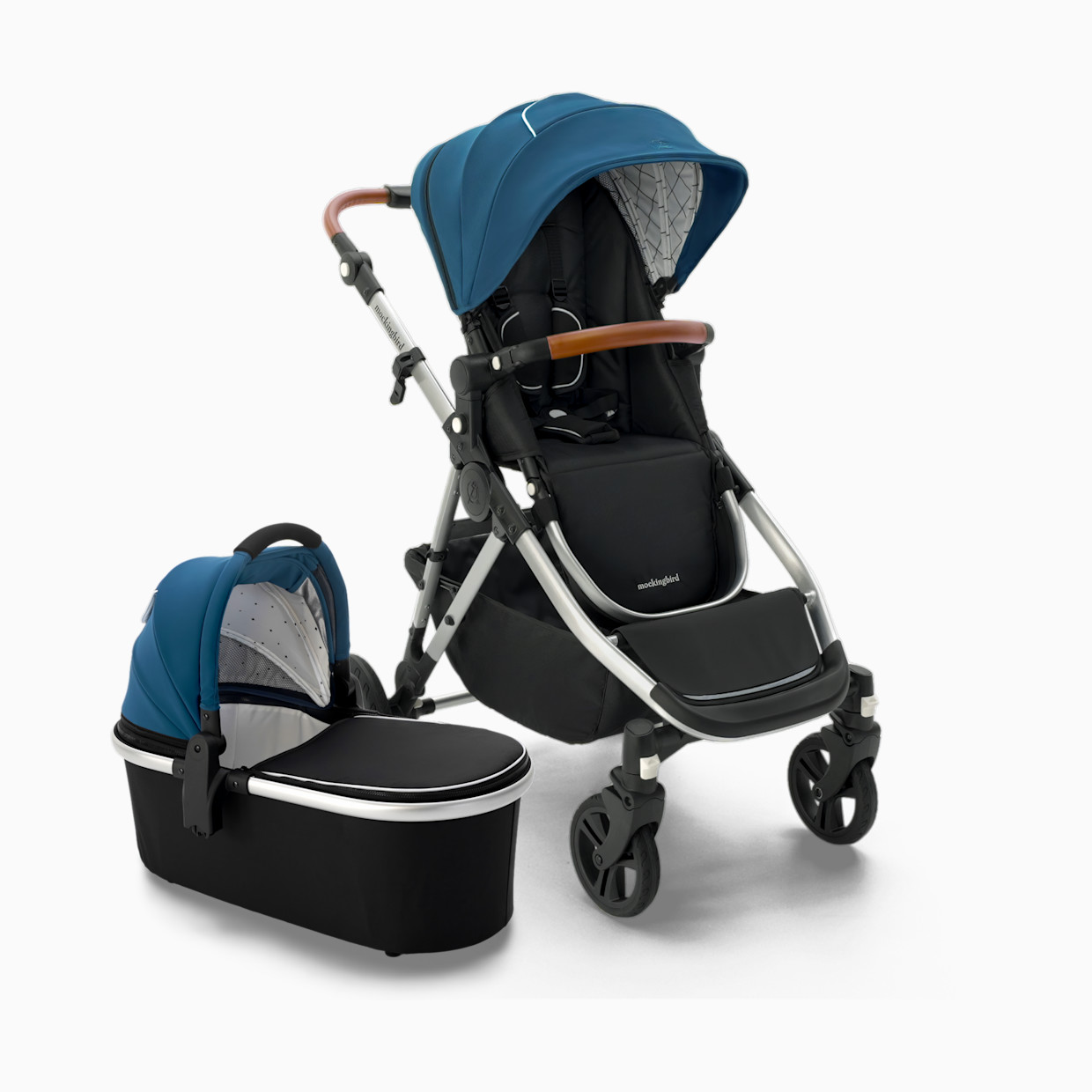 Mockingbird Single-to-Double Stroller 2.0 and Bassinet Bundle - Sea/Windowpane Canopy With Penny Leather.