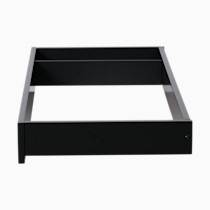 Black bed frame with side rails, view from front
