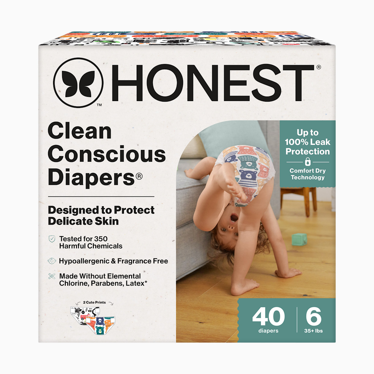 The Honest Company Clean Conscious Disposable Diapers Size 6-7 - Beary Cool + Big Trucks, Size 6, 40 Count.