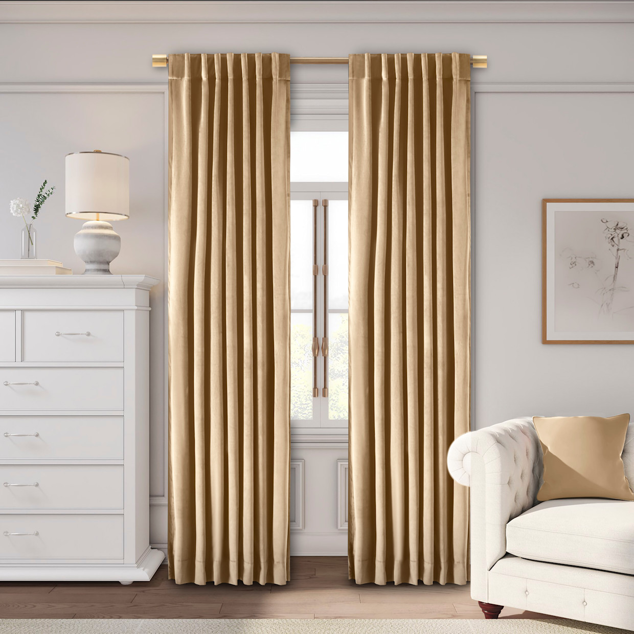 Ricardo Trading Premium Velvet Rod Pocket With Back Tabs Panel - Champagne, 50"W X 63"L, 1.