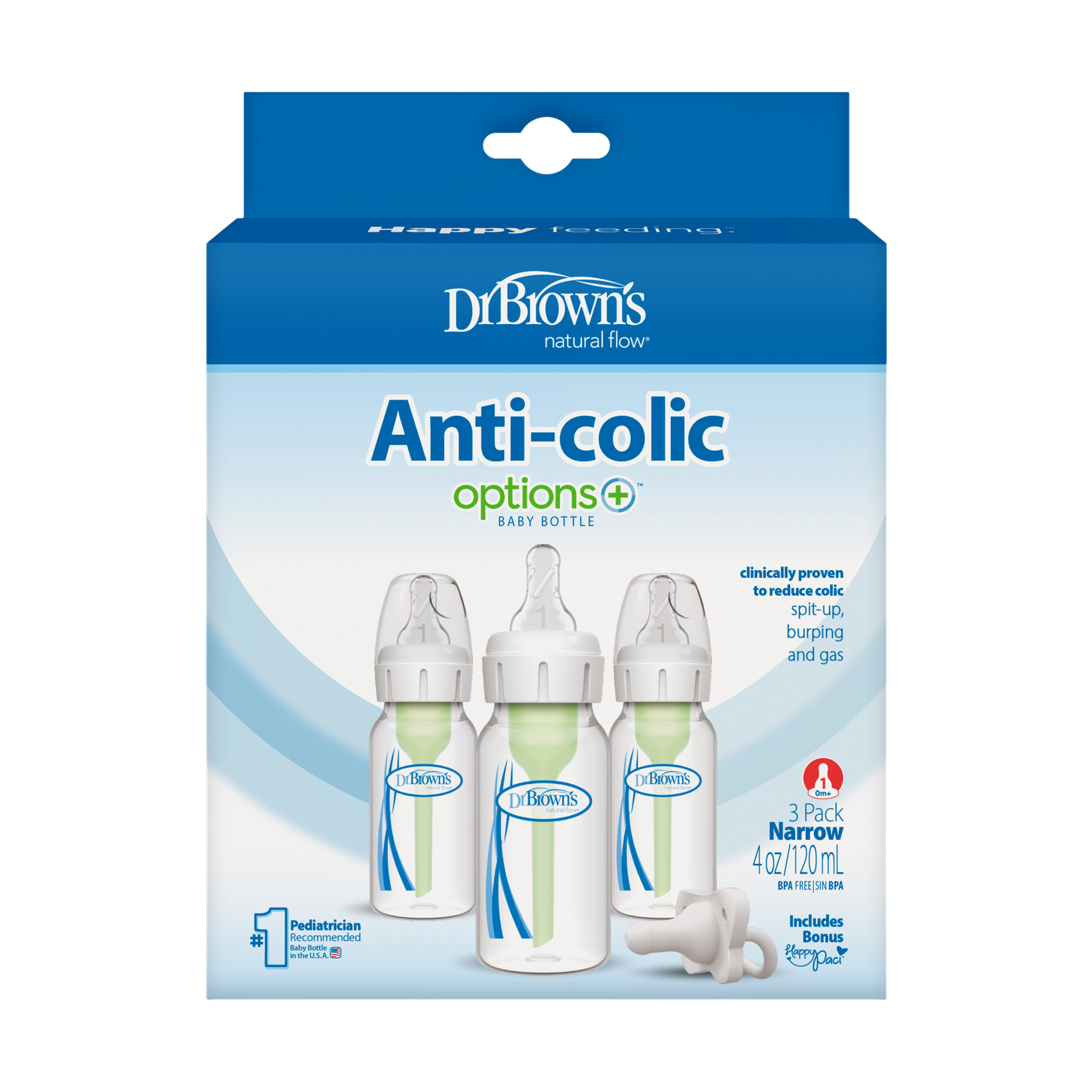 Dr. Brown's Options+ Narrow Anti-Colic Baby Bottles + Happy Paci Set (3 Pack) - Clear/White, 4 Oz, 0 -Up Months.