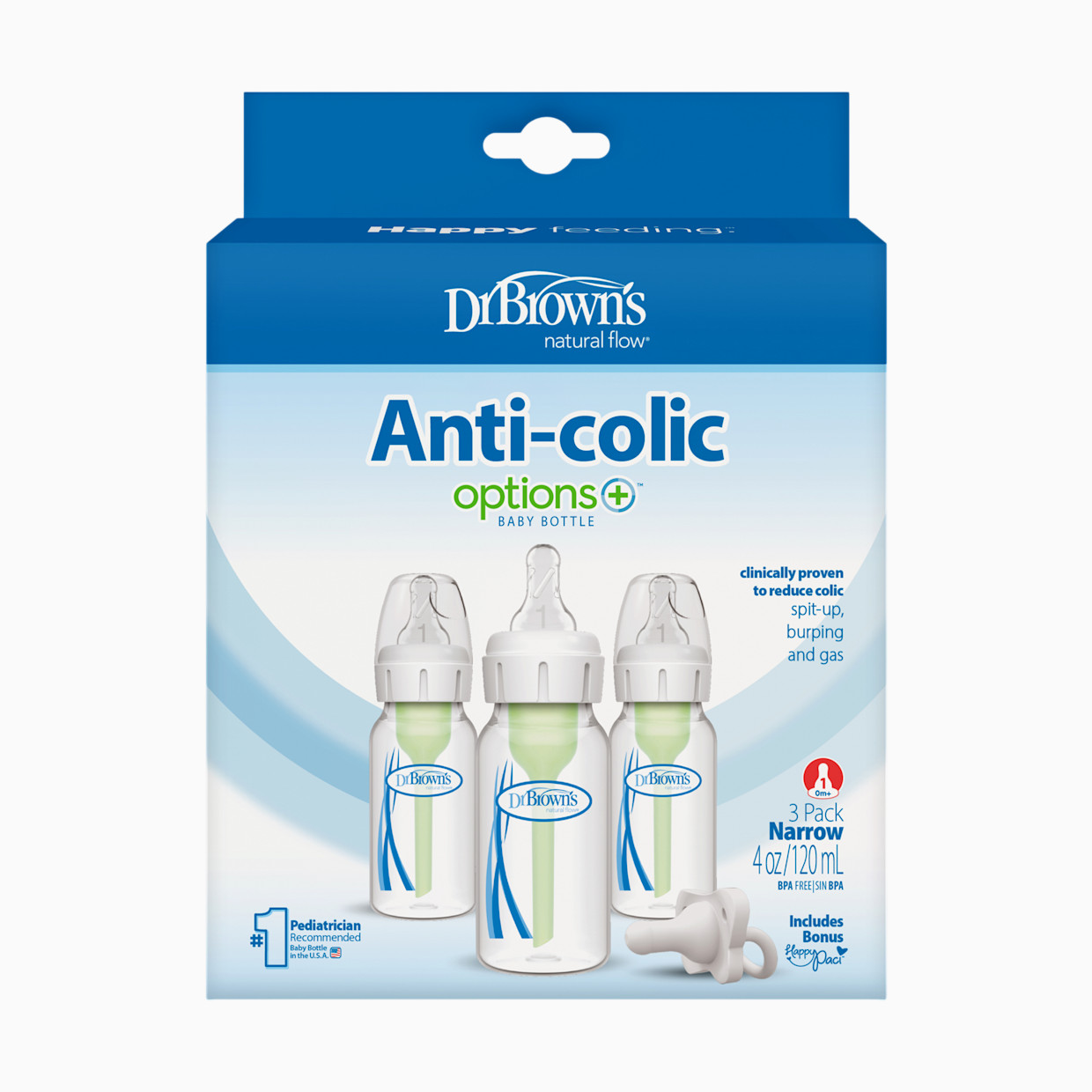 Dr. Brown's Options+ Narrow Anti-Colic Baby Bottles + Happy Paci Set (3 Pack) - Clear/White, 4 Oz, 0 -Up Months.