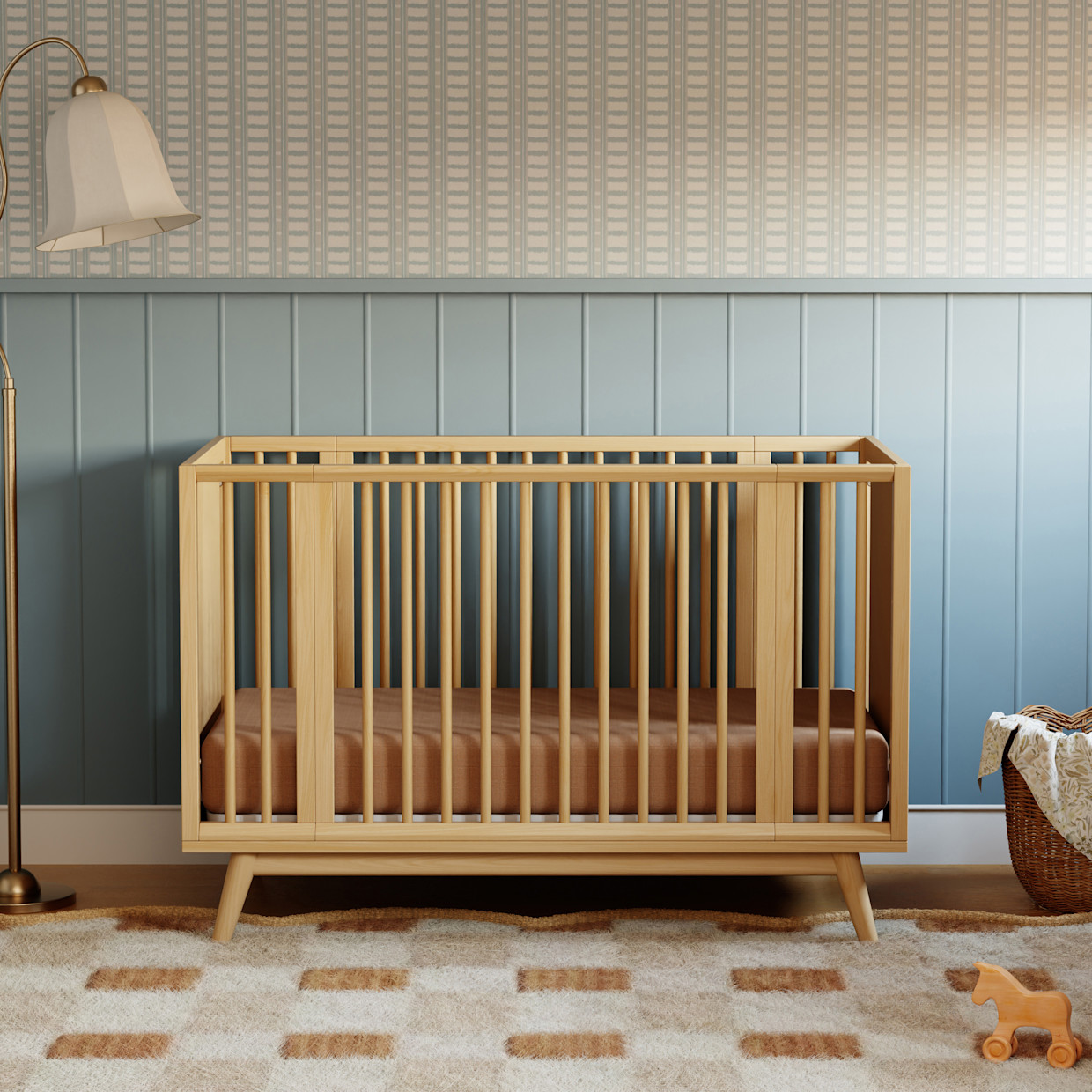 babyletto Palma 8-in-1 Convertible All-Stages Crib with Bassinet & Toddler Bed Kits - Honey.