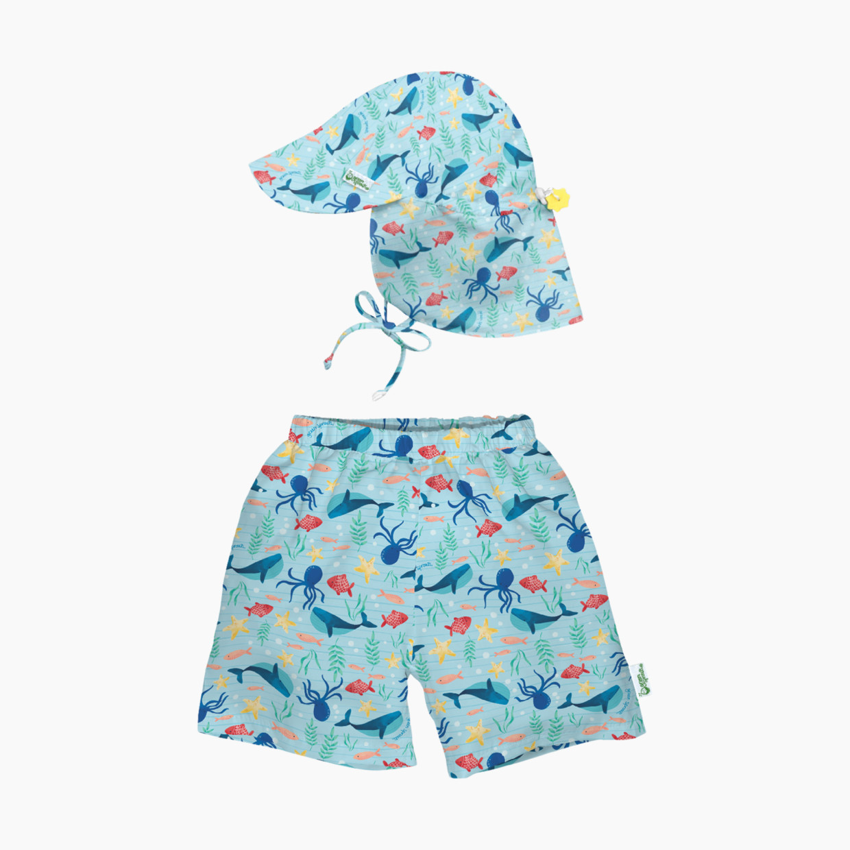 GREEN SPROUTS UPF 50+ Swim Trunks with Built-in Diaper & Hat - Aqua Sea Celebration, 0-6 Months.