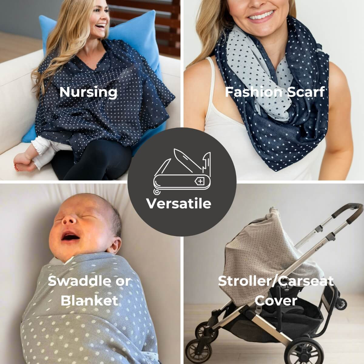 Simple Wishes The Haven 100% Cotton 7-in-1 Nursing Cover - Navy Dots.