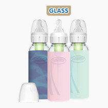 Dr. Brown's Natural Flow Anti-Colic Options+ Narrow Glass Baby Bottle, 8 oz/250 mL, with Silicone Bottle Sleeve, 3 Pack, Glow/Pink/Mint
