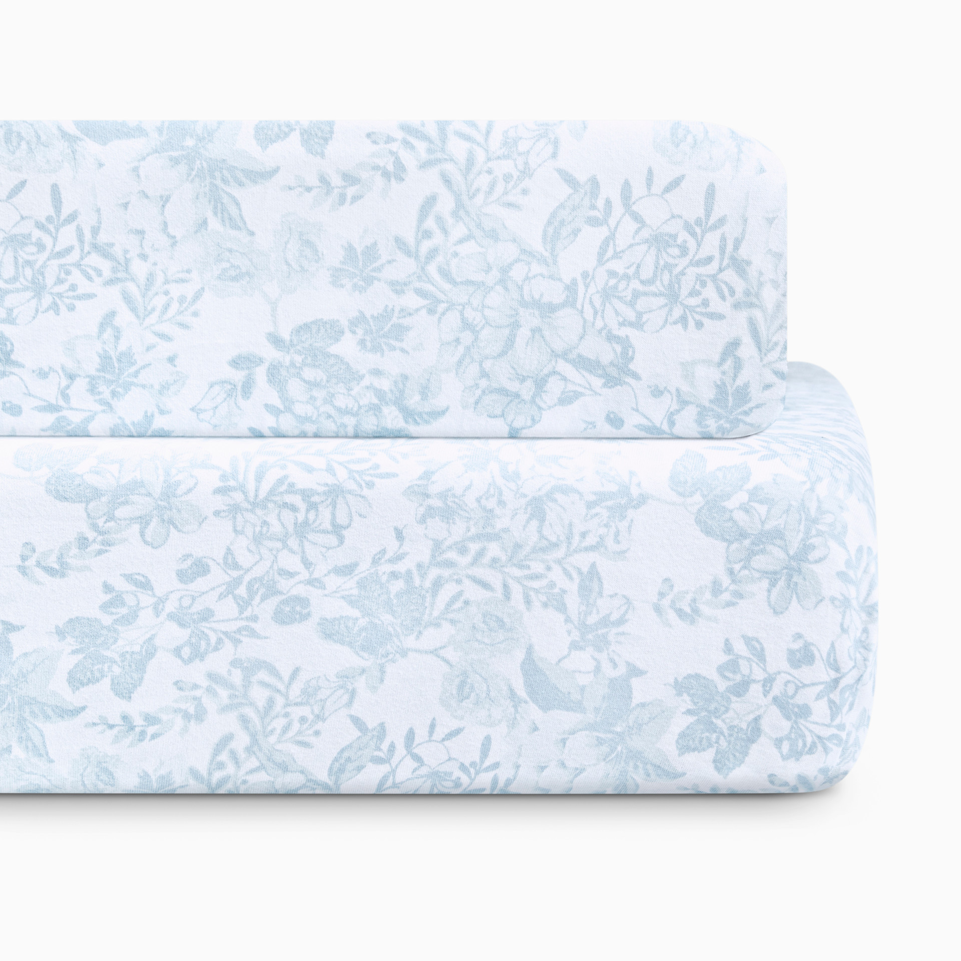 Close-up of light blue floral patterned fabric.