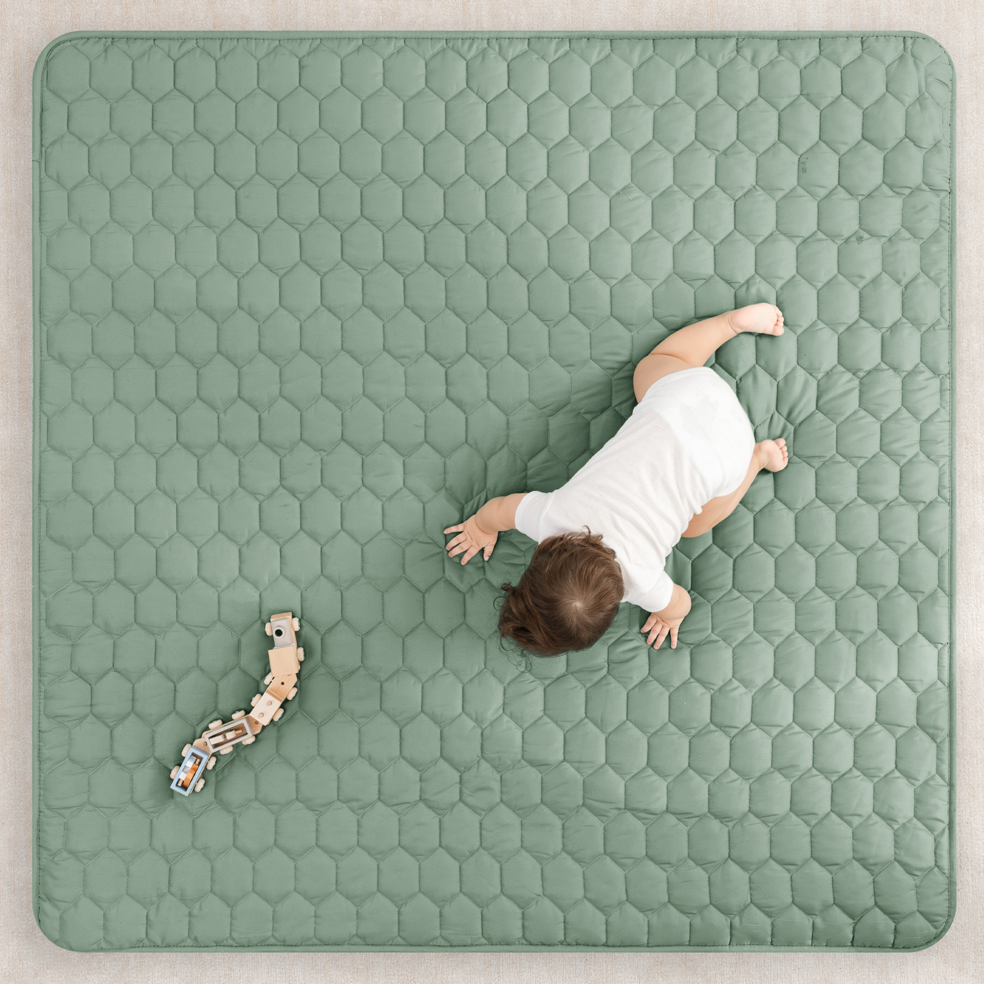 Comfy Cubs Quilted Kids Play Mat with Non-Slip Bottom - Fern, Square.
