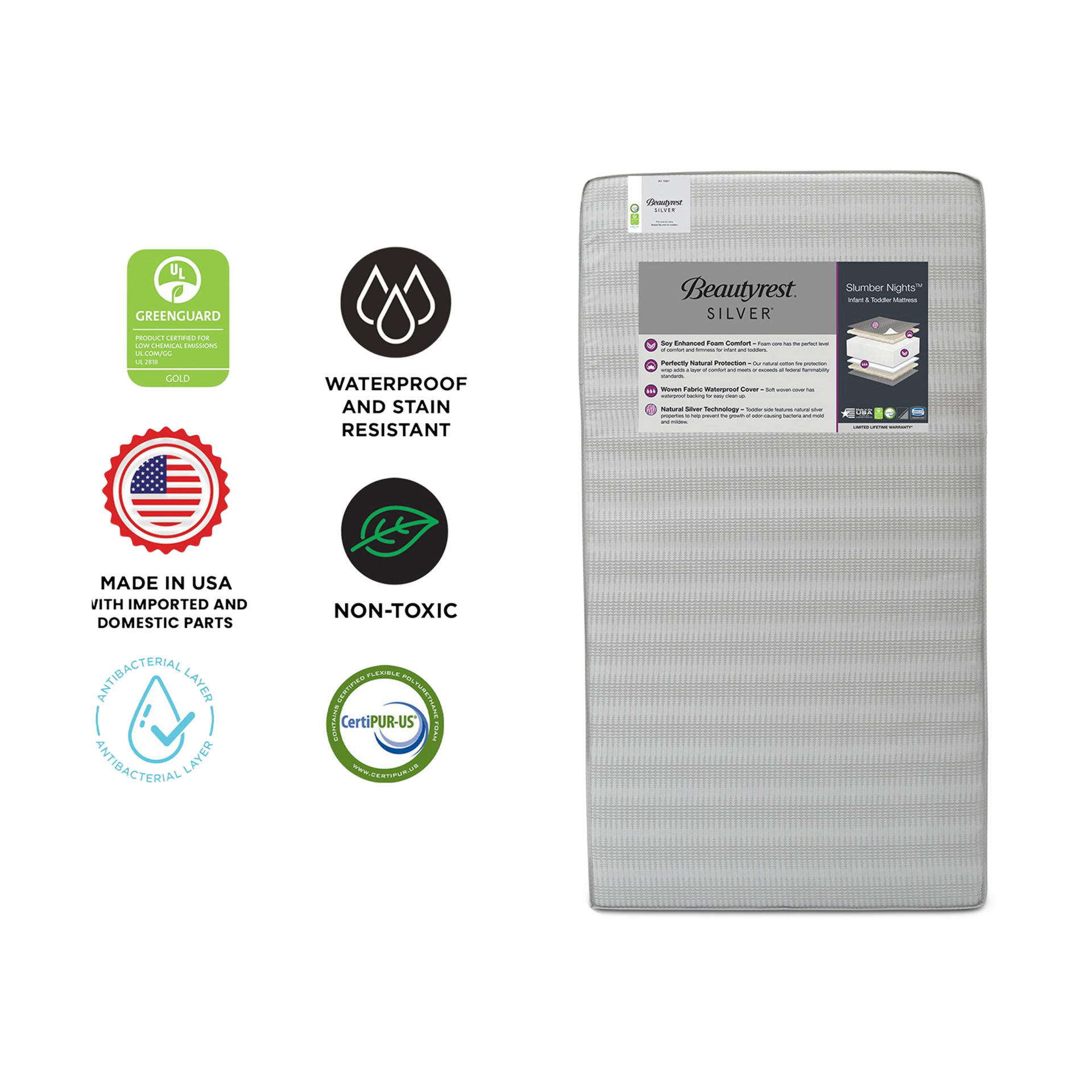 Delta Children Silver Slumber Nights Crib and Toddler Mattress.