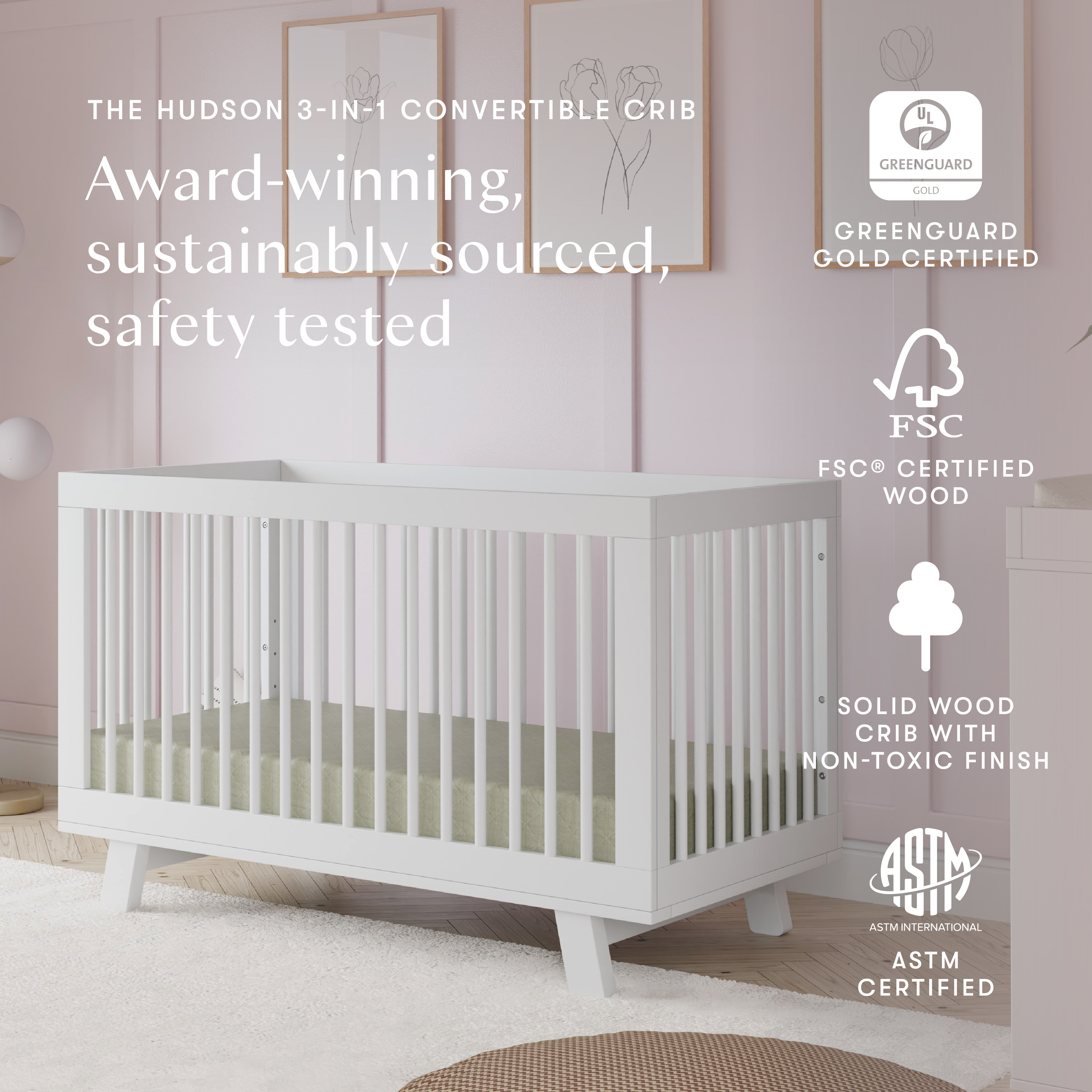 babyletto Hudson 3-in-1 Convertible Crib with Toddler Bed Conversion Kit - White.