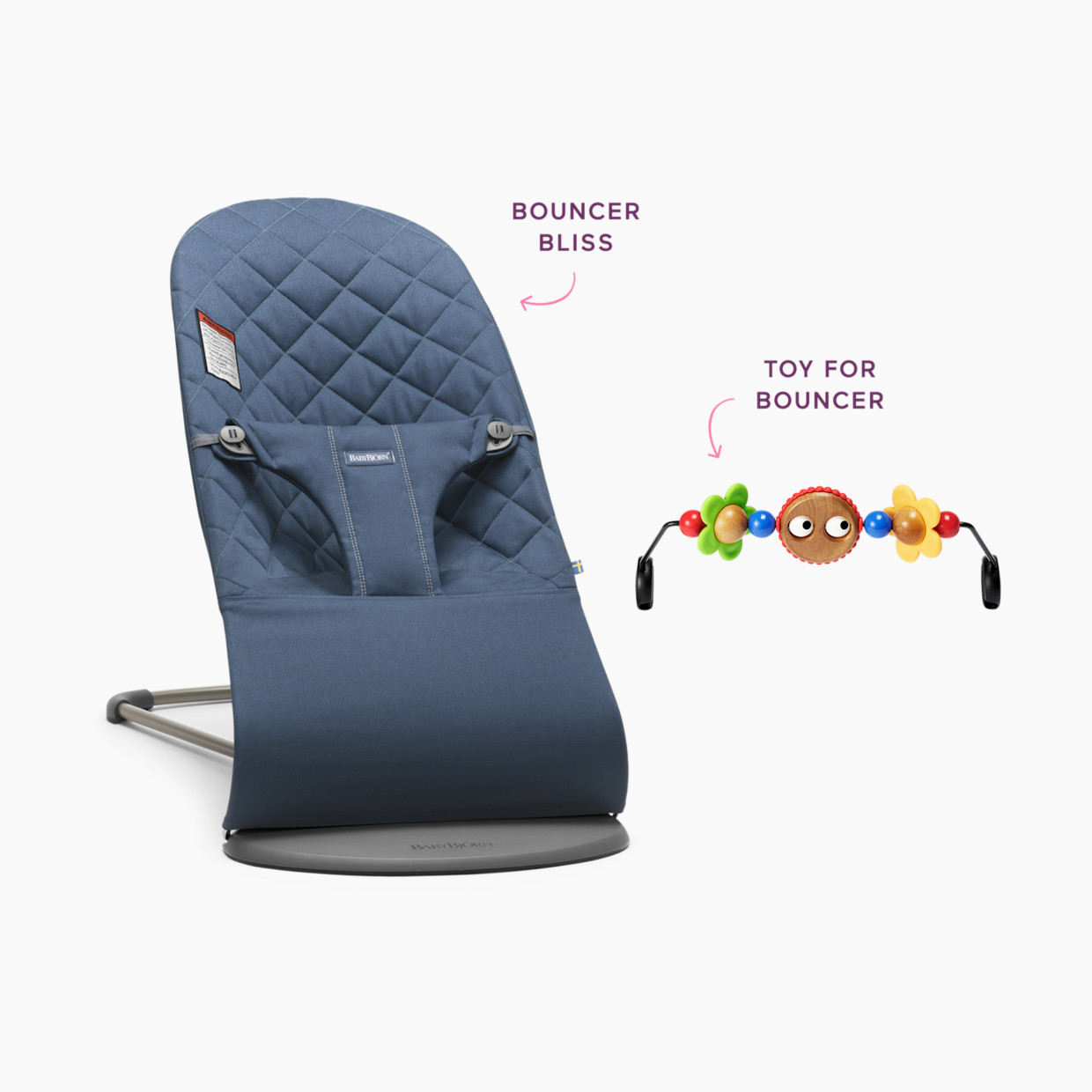 BabyBjörn Bouncer Bliss and Toy Bar Bundle - Midnight Blue/Googly Eyes.