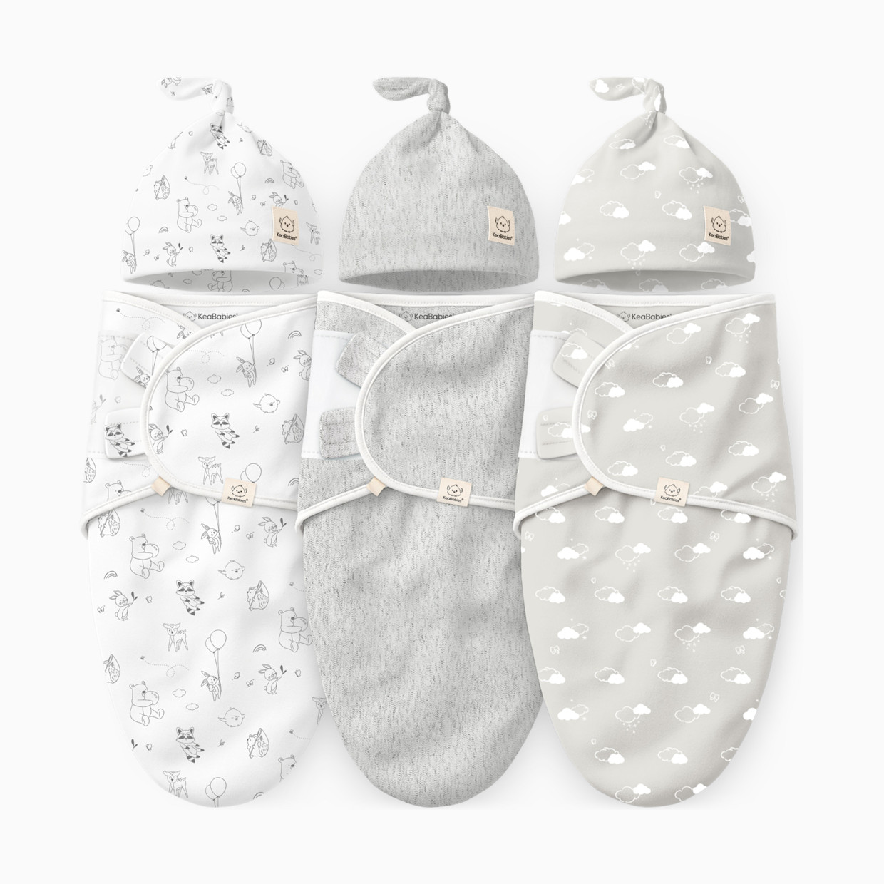 KeaBabies 3-Pack Soothe Swaddle Wraps with Knot Hats - Aspire.