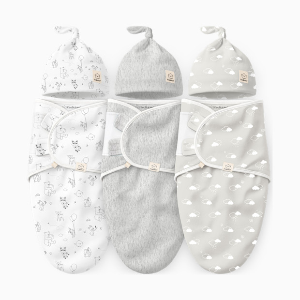 KeaBabies 3-Pack Soothe Swaddle Wraps with Knot Hats.