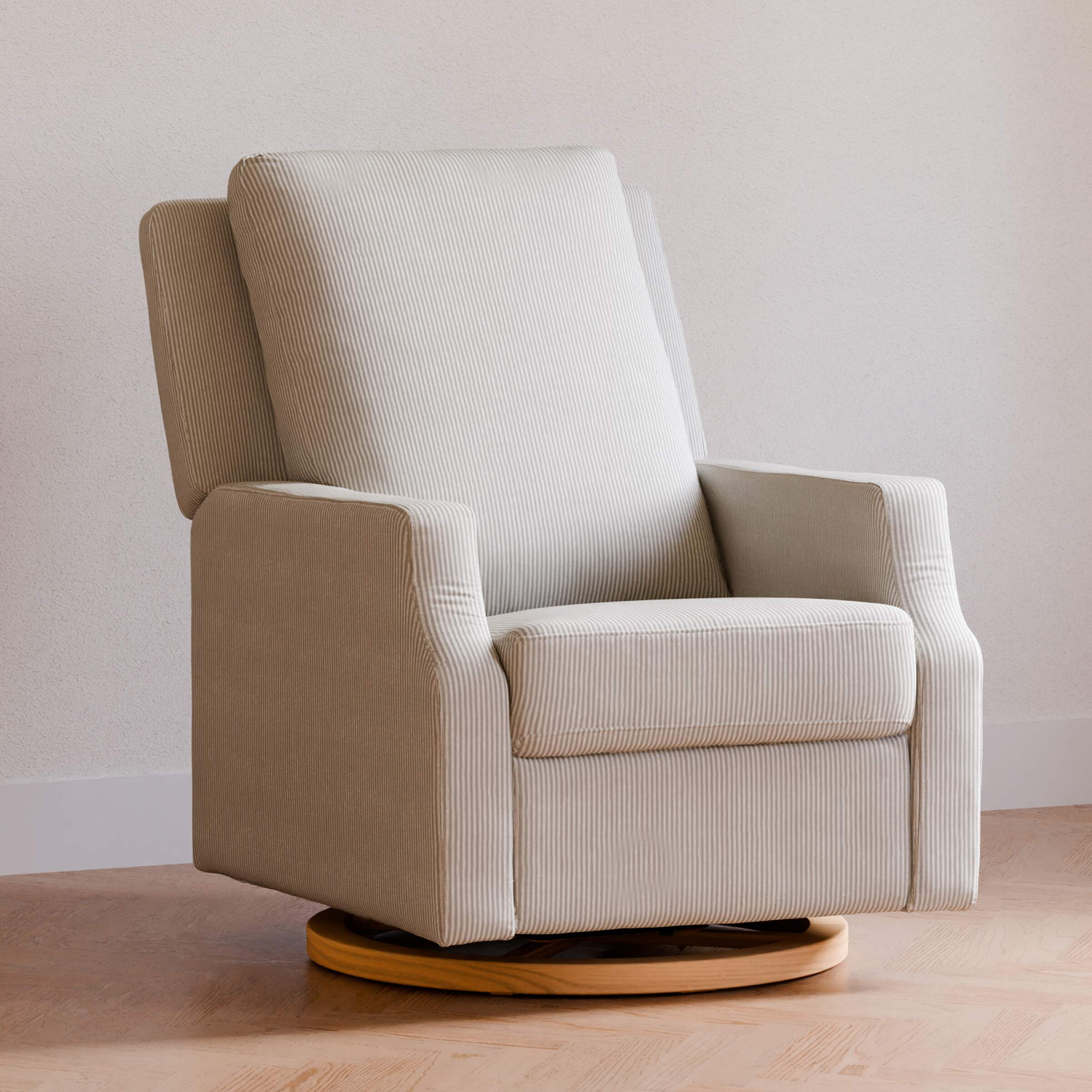 Namesake Crewe Electronic Recliner and Swivel Glider - Fog Chatham Stripe Performance Eco-Weave With Light Wood Base.