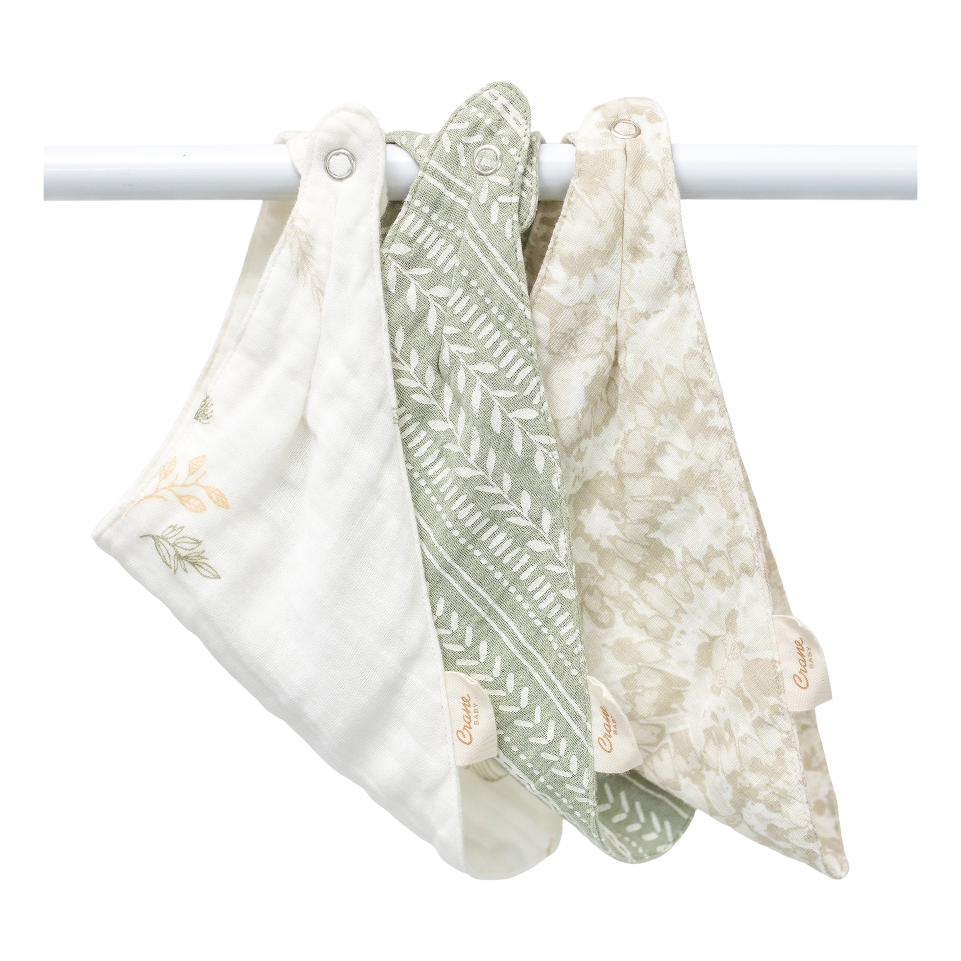 Crane Baby Cotton 4 Layer Muslin Bib Set (3 Pack) - Willow Ecru/Green.