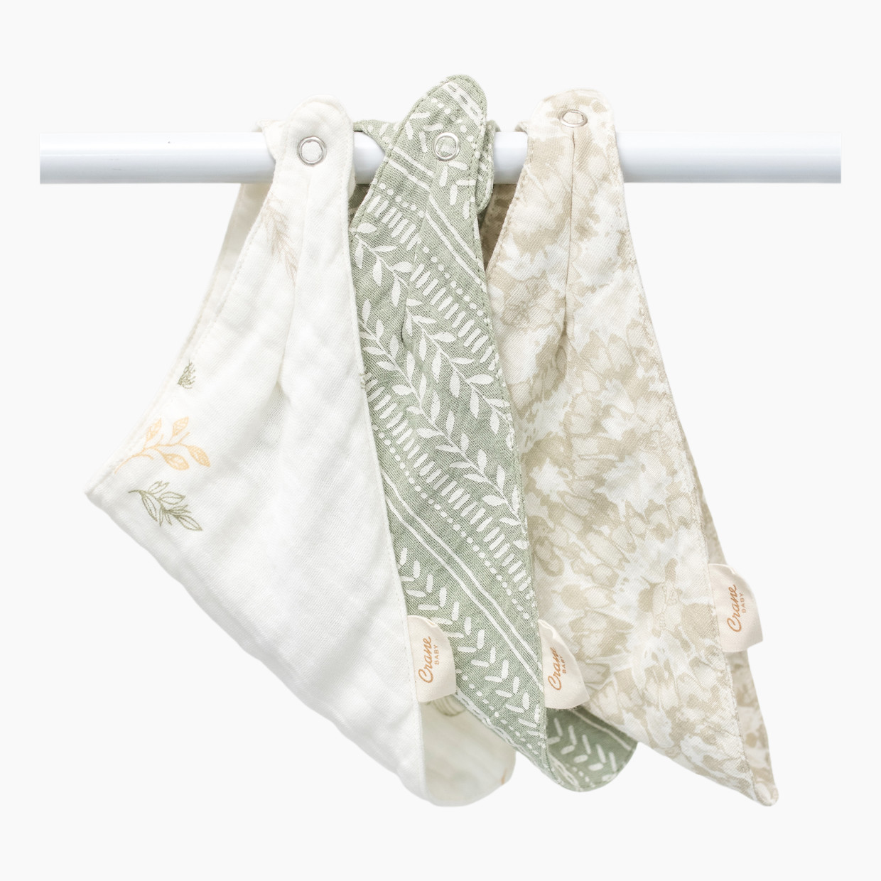 Crane Baby Cotton 4 Layer Muslin Bib Set (3 Pack) - Willow Ecru/Green.