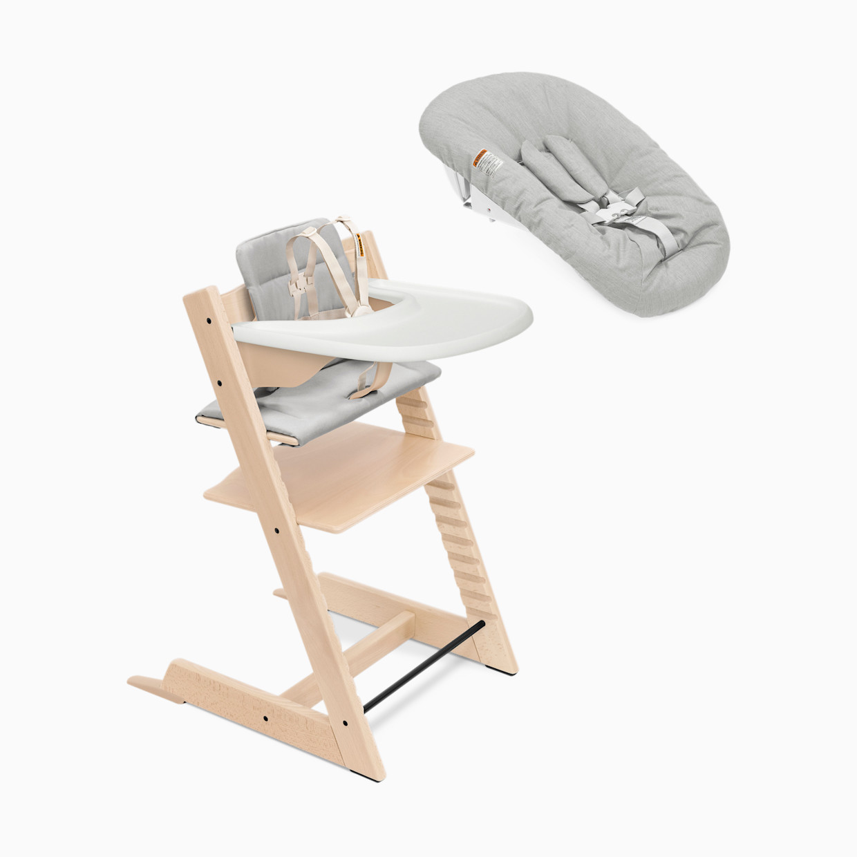 Stokke Tripp Trapp High Chair Complete² + Newborn Set - Natural/Anthracite Cushion/White Tray/Newborn Grey.