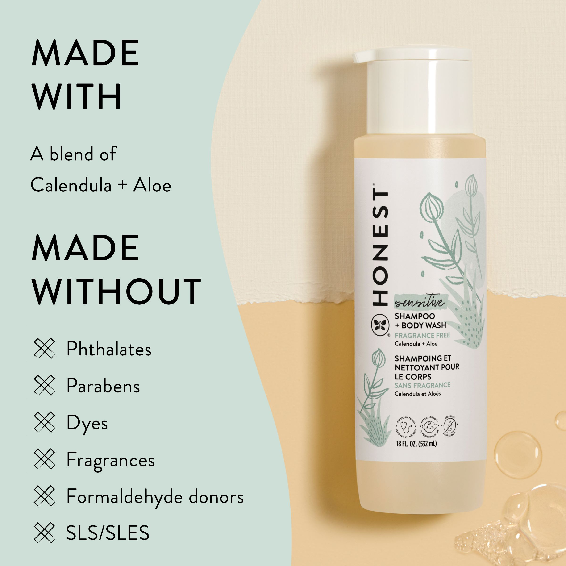 The Honest Company Shampoo & Body Wash - Sensitive (Fragrance Free), 18 Fl Oz.