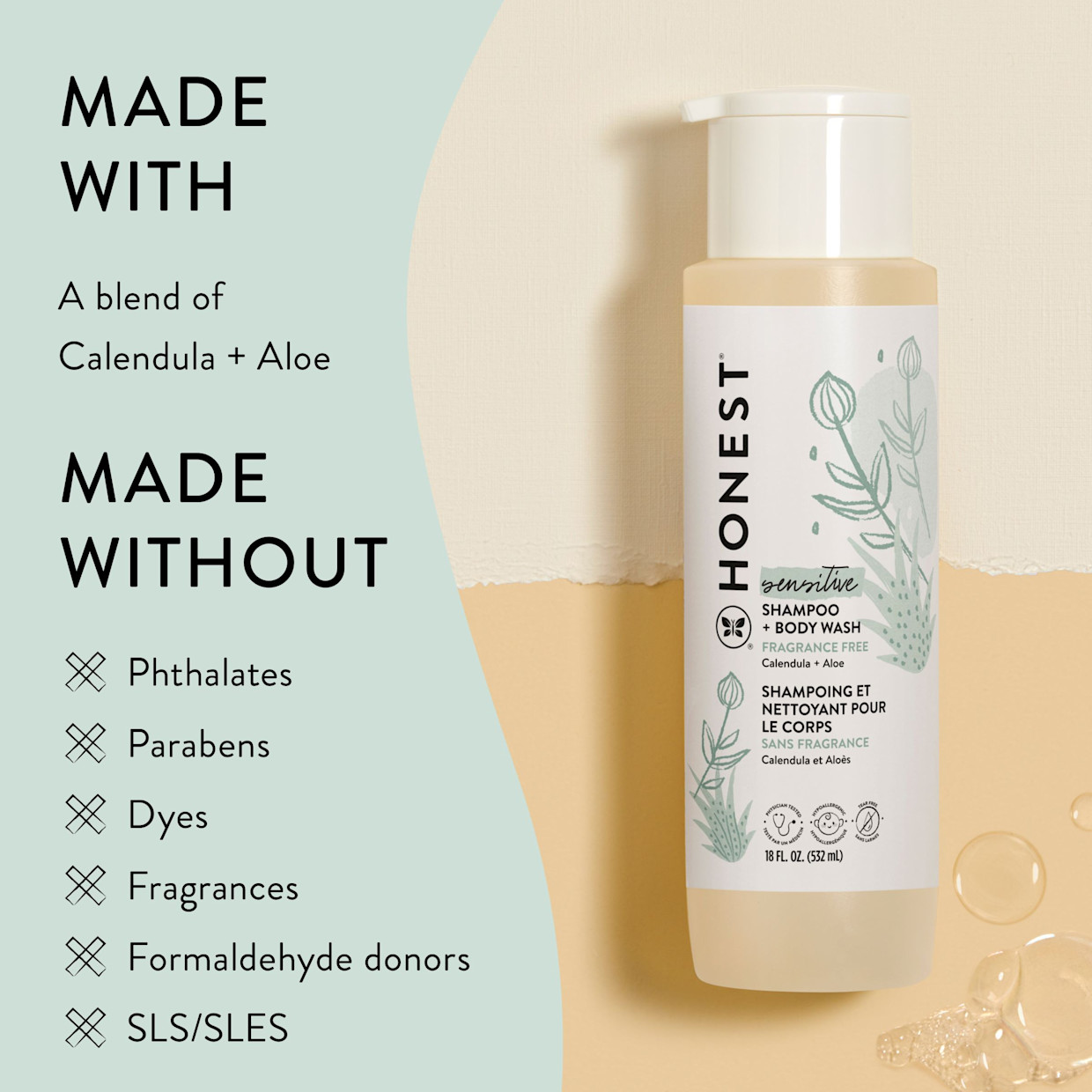 The Honest Company Shampoo & Body Wash - Sensitive (Fragrance Free), 18 Fl Oz.