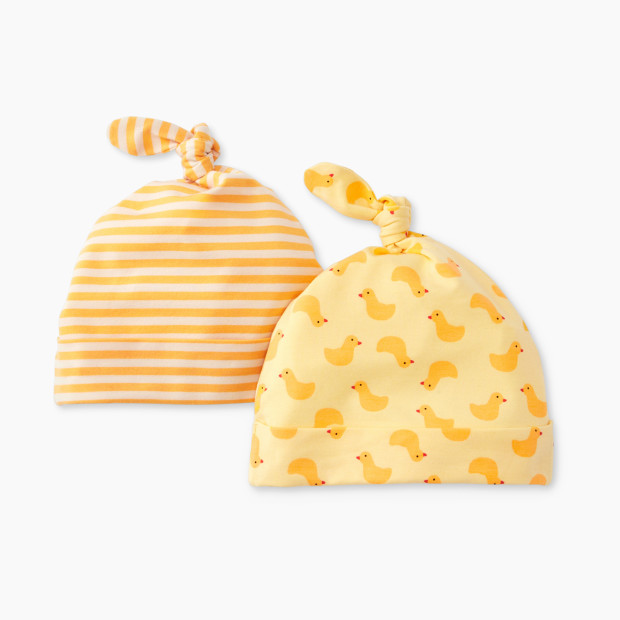 Hanna Andersson 2-Pack Baby Layette Top Knot Beanie in HannaSoft™ - Pepper The Duck On Limoncello, Newborn.