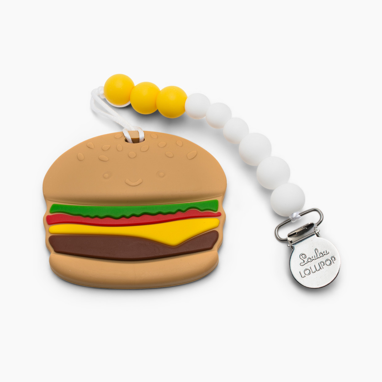 Loulou Lollipop Silicone Teether with Metal Clip - Burger (White/Yellow).