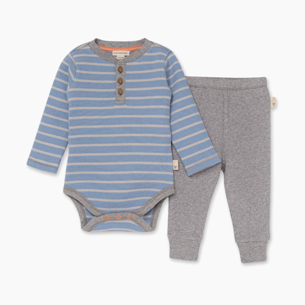 Burt's Bees Baby Bodysuit & Pant Set, 100% Organic Cotton - Dusk Blue Stripe, Newborn.