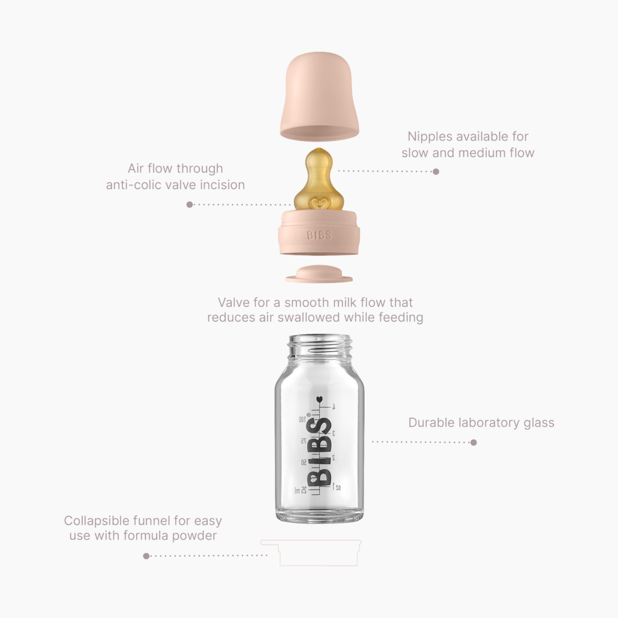 BIBS Baby Glass Bottle Complete Set with Natural Rubber Nipple - Ivory, 4 Oz.