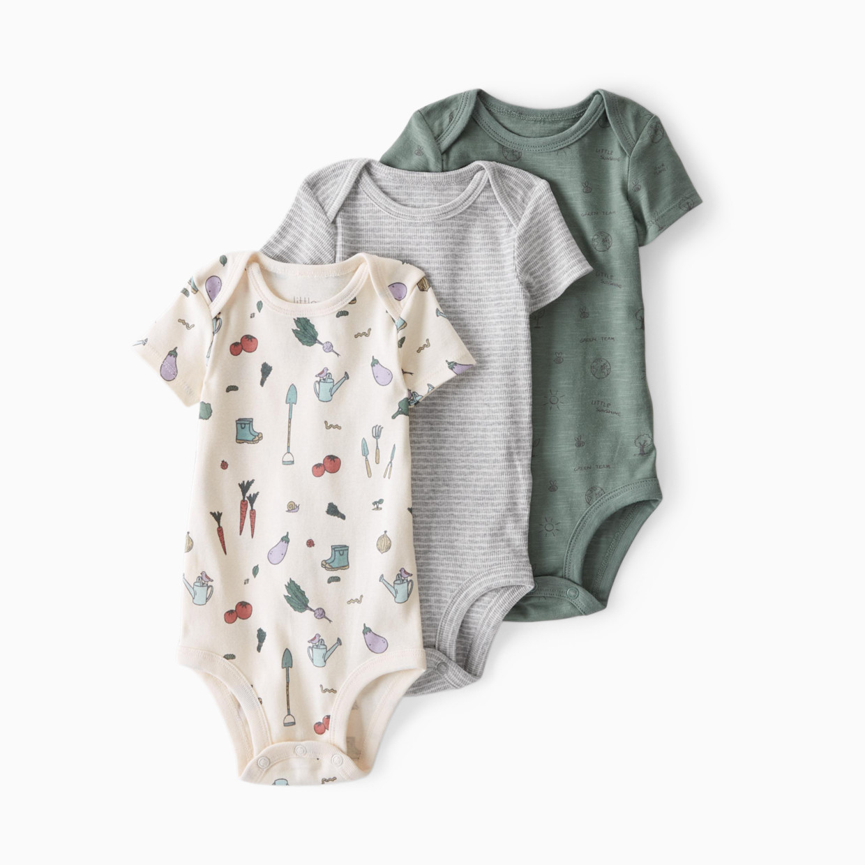 Carter's Little Planet 3-Pack Organic Cotton Rib Bodysuits - Veggie Garden, Striped, Green Team, Newborn.