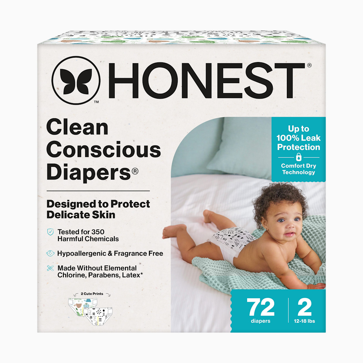 The Honest Company Clean Conscious Disposable Diapers Newborn-Size 2 - Turtle Time + Pattern Play, Size 2, 72 Count.