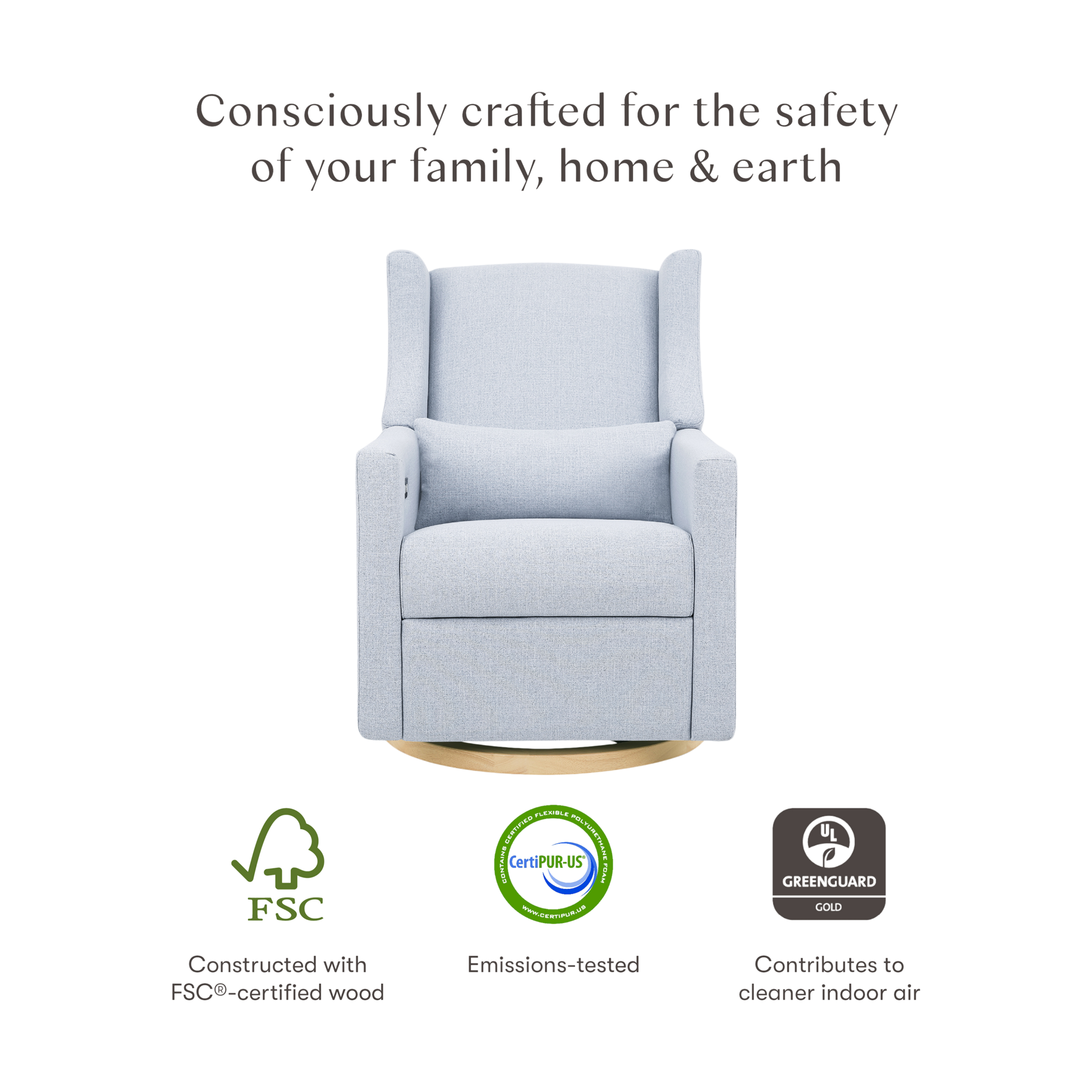 babyletto Kiwi Electronic Recliner and Swivel Glider - Performance Blue Chambray Eco-Twill With Light Wood Base.