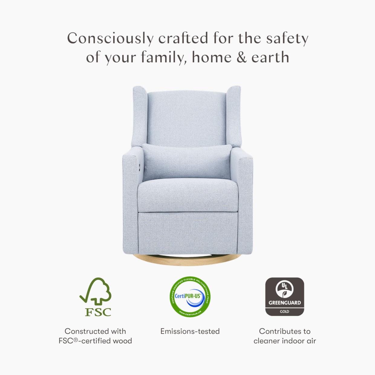 babyletto Kiwi Electronic Recliner and Swivel Glider - Performance Blue Chambray Eco-Twill With Light Wood Base.