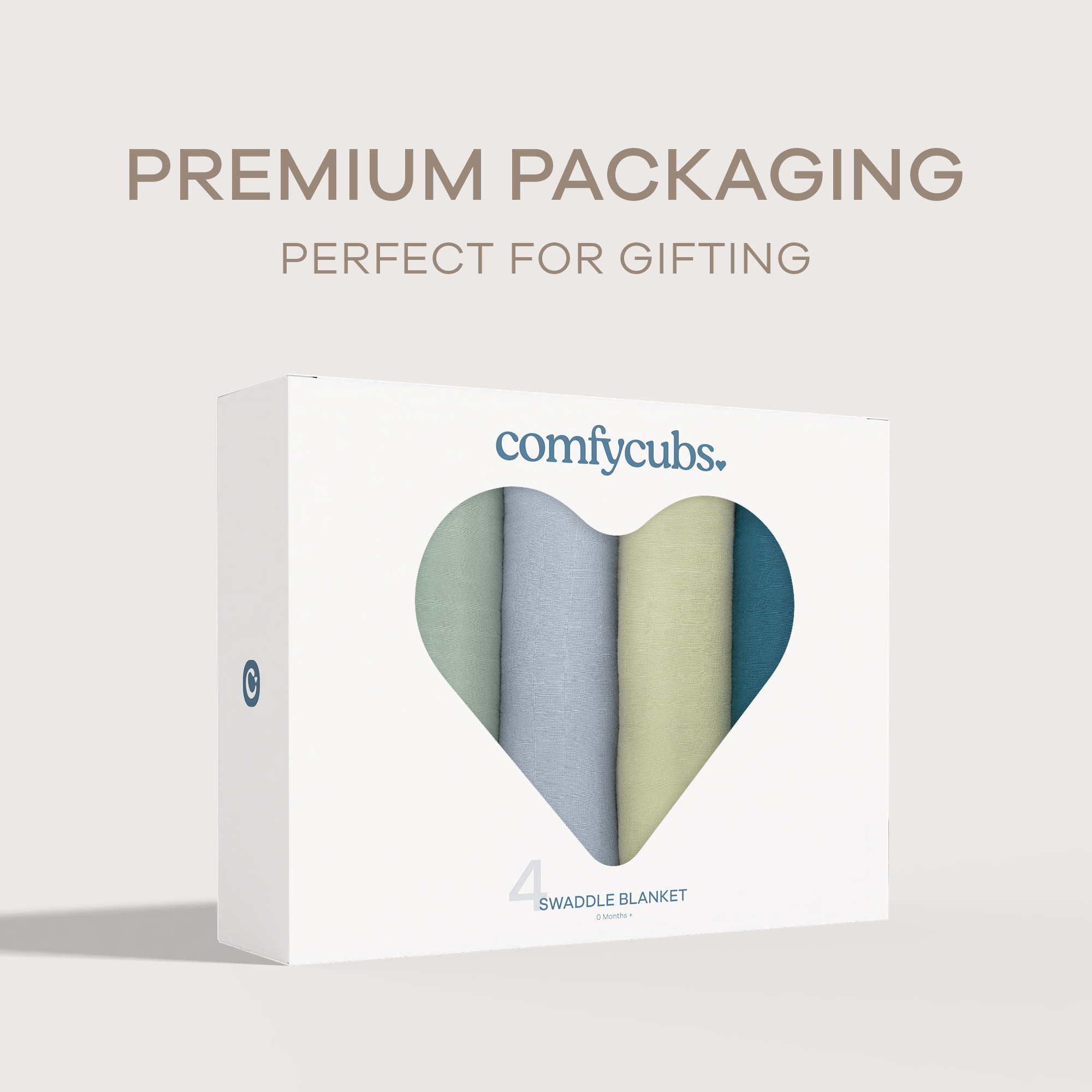 Comfy Cubs Muslin Swaddle Blankets Set (4 Pack) - Sage, Pacific Blue, Fern, Neptune.