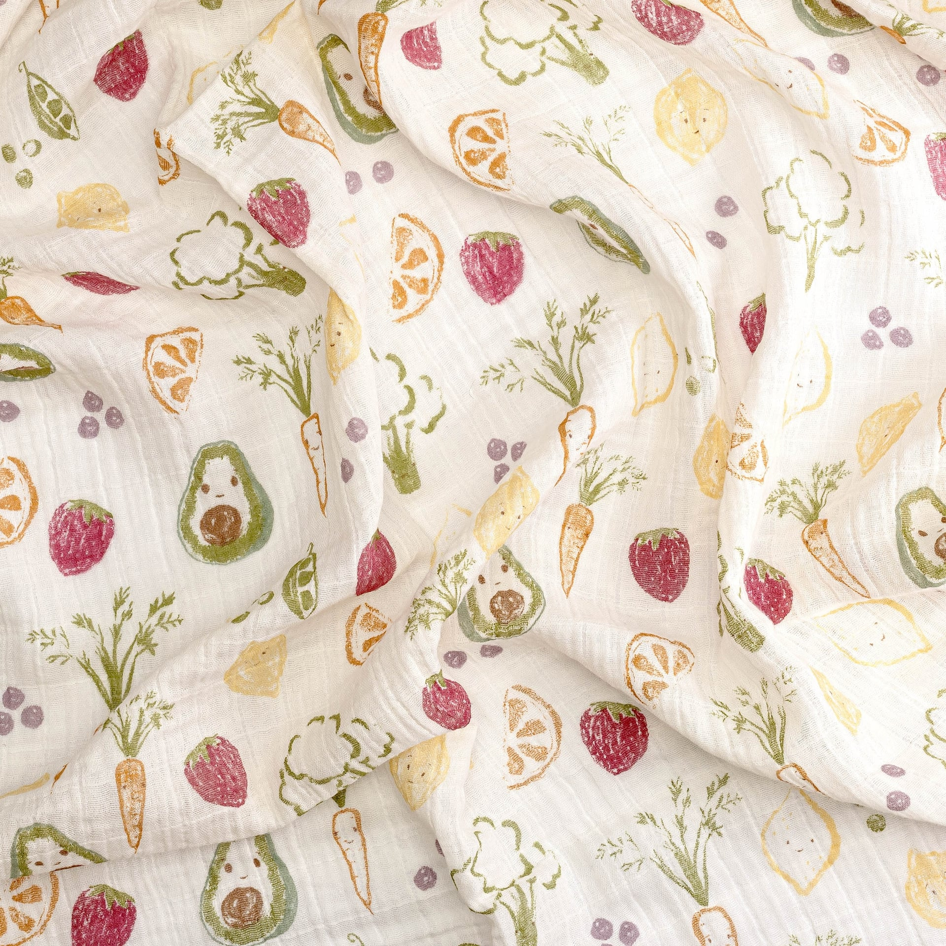 Crane Baby Cotton Muslin Swaddles (3 Pack) - Clementine Fruits & Veggies.