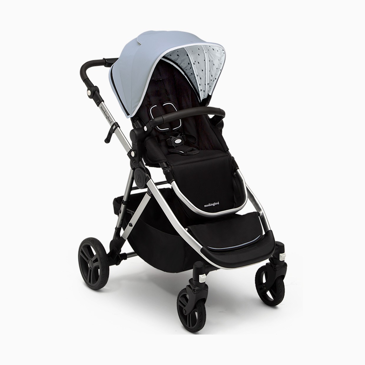 Mockingbird Single-to-Double Stroller 2.0 - Sky/Watercolor Canopy With Black Leather (2020).