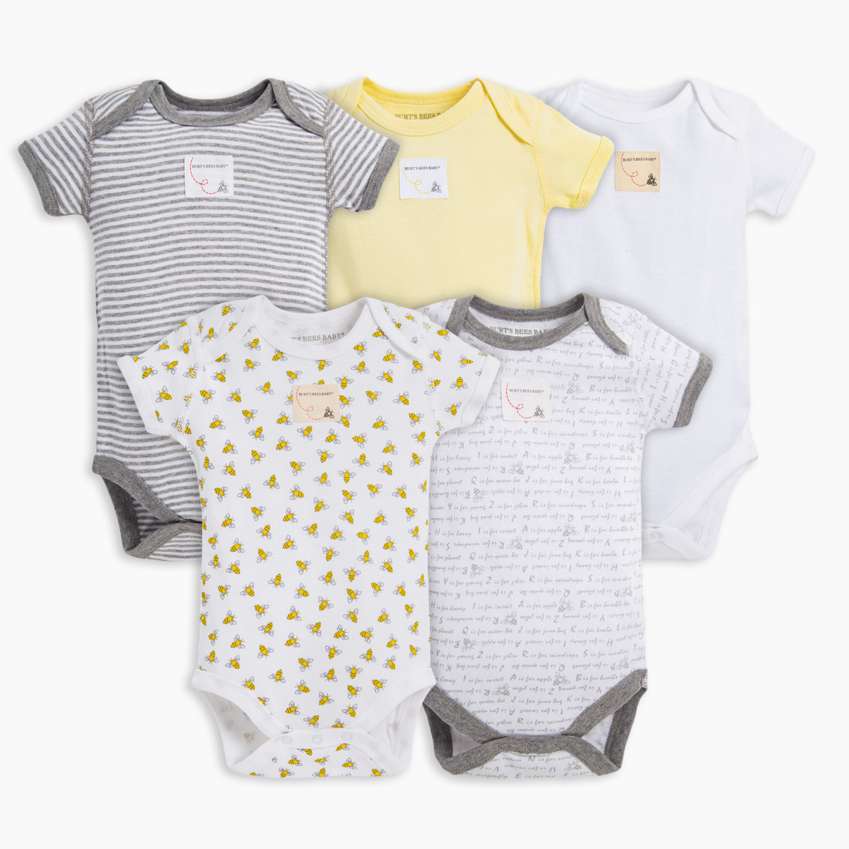 Burt's Bees Baby Organic Short Sleeve Bodysuit (5 Pack) - Sunshine, 0-3 Months.