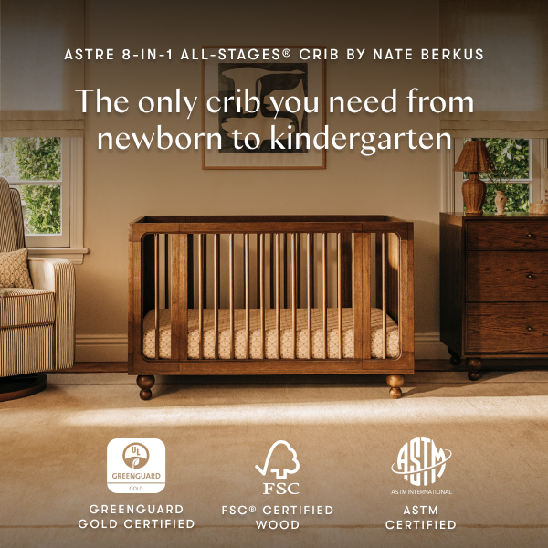 babyletto Astre All-Stages 8-in-1 Crib with Bassinet & Toddler Bed Kits by Nate Berkus - Toffee.