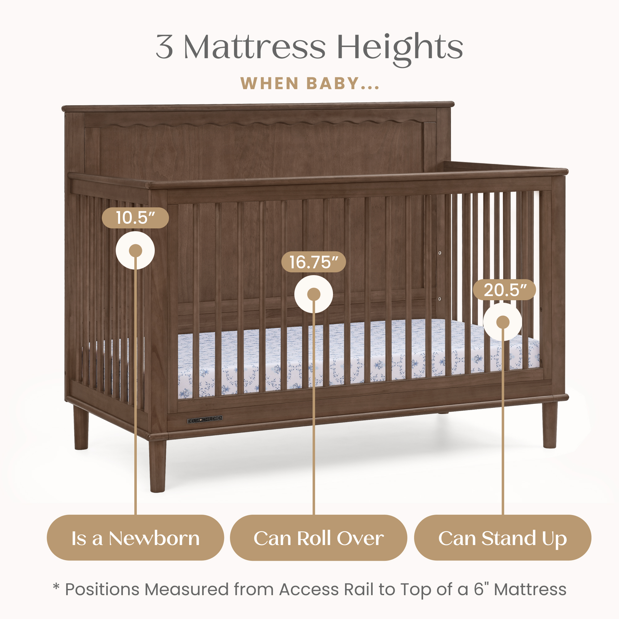 Delta Children Penelope 6-in-1 Convertible Crib - Teak Brown.